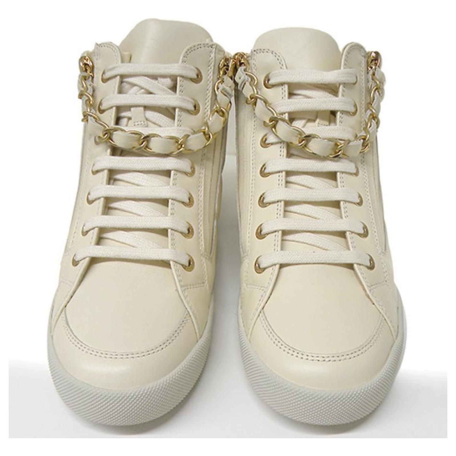 *Chanel High Cut Sneakers Size 36 about 23cm Off White Coco Mark Chain  Ivory Shoes Leather