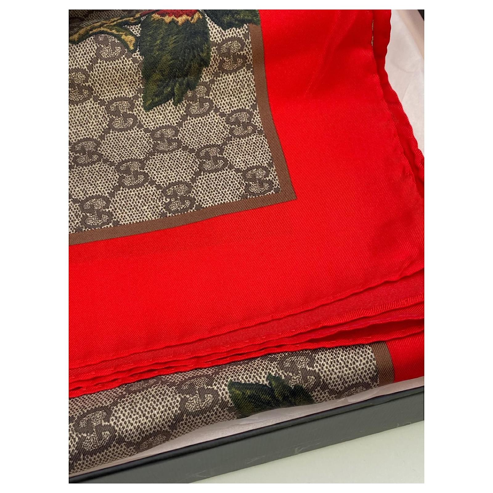 GUCCI Large scarf Snake pattern 200x70m Brown Red 100% Silk