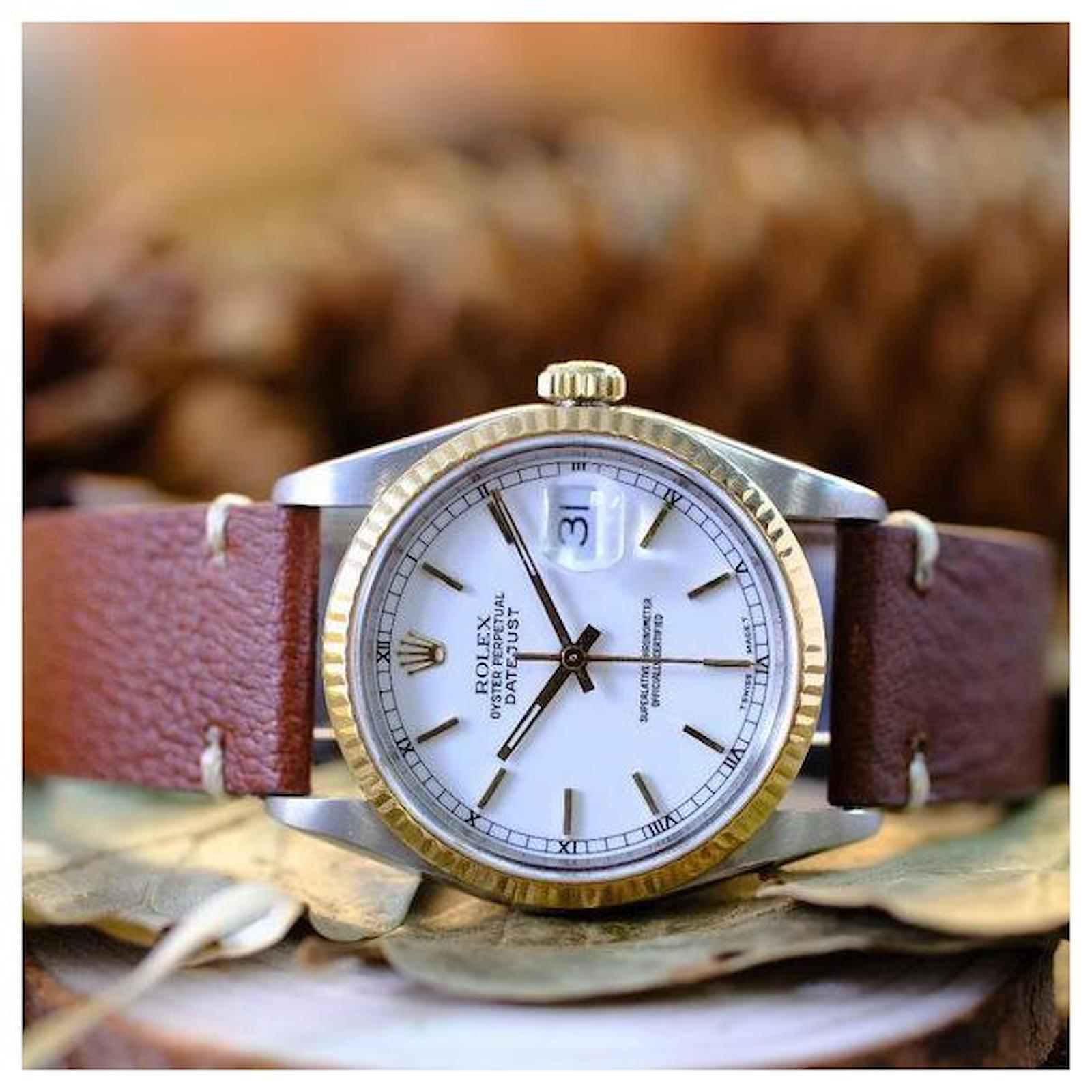 Rolex Datejust Factory White Dial 36mm Leather Watch ref.706495