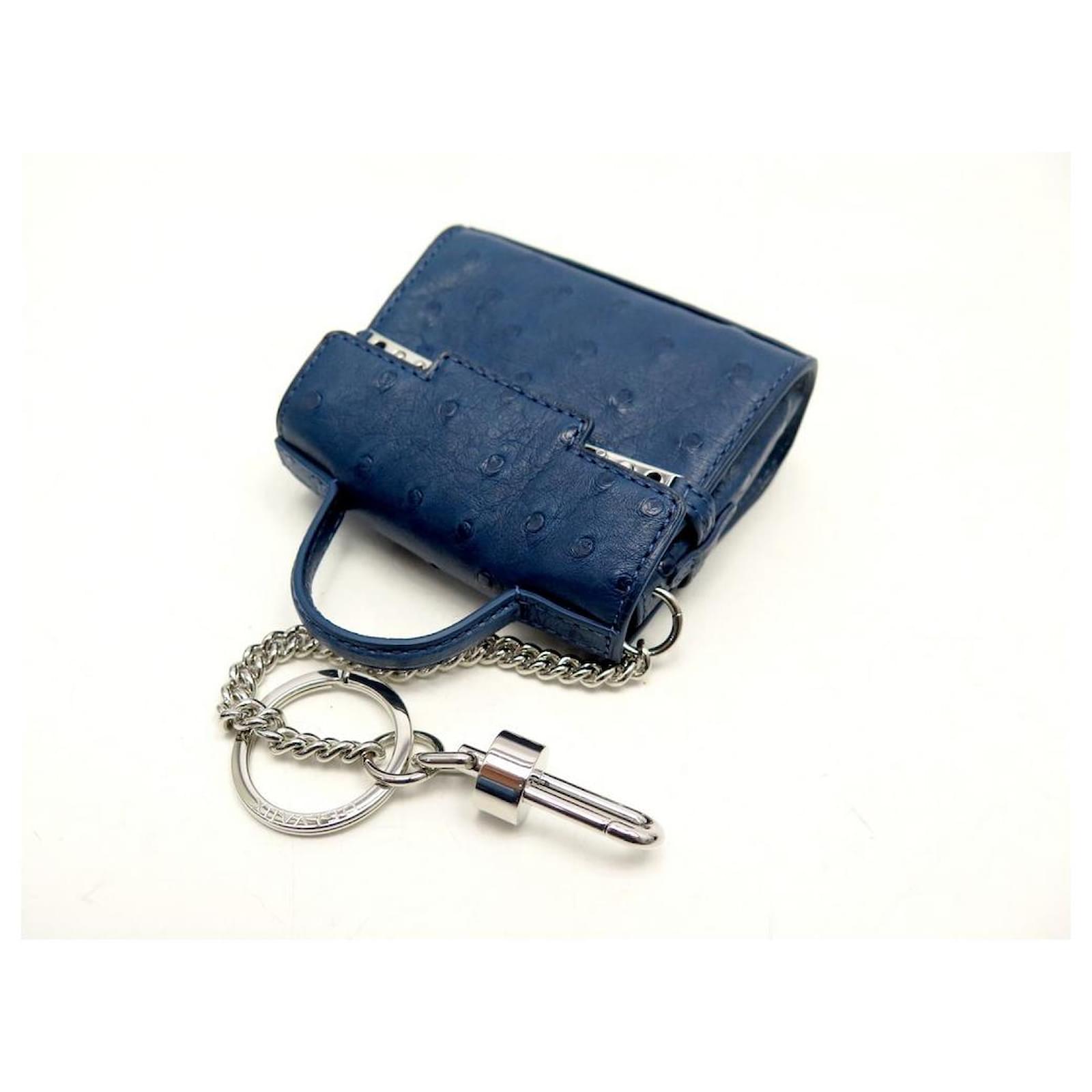 NINE JEWEL FROM DELVAUX MADAME CHARMS BAG STORM OSTRICH LEATHER KEY HOLDER  Blue ref.708475 - Joli Closet