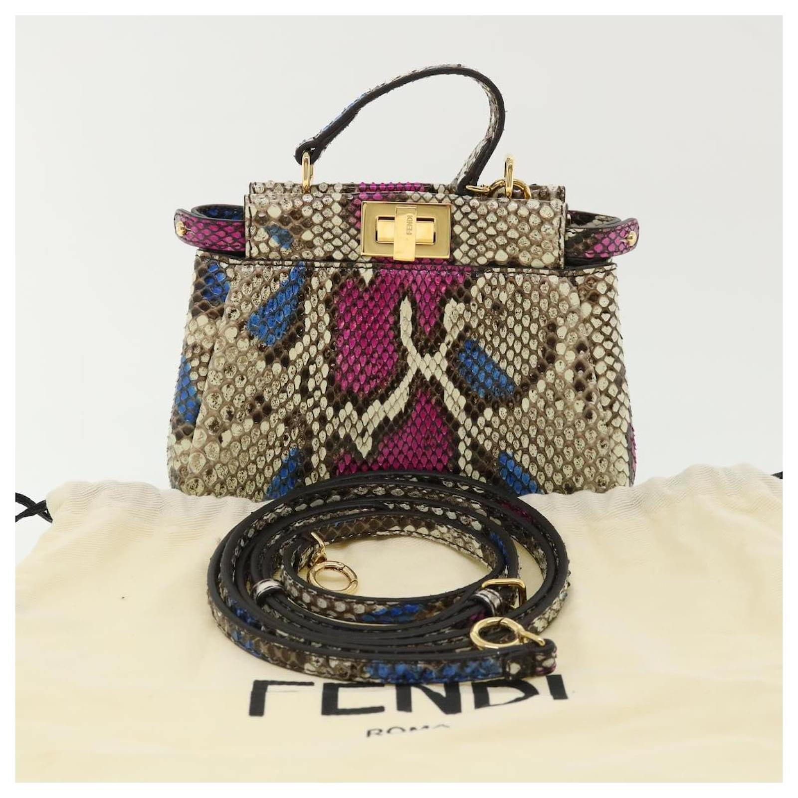 FENDI Mini Peek A Boo Shoulder Bag Snake skin Blue Pink Auth