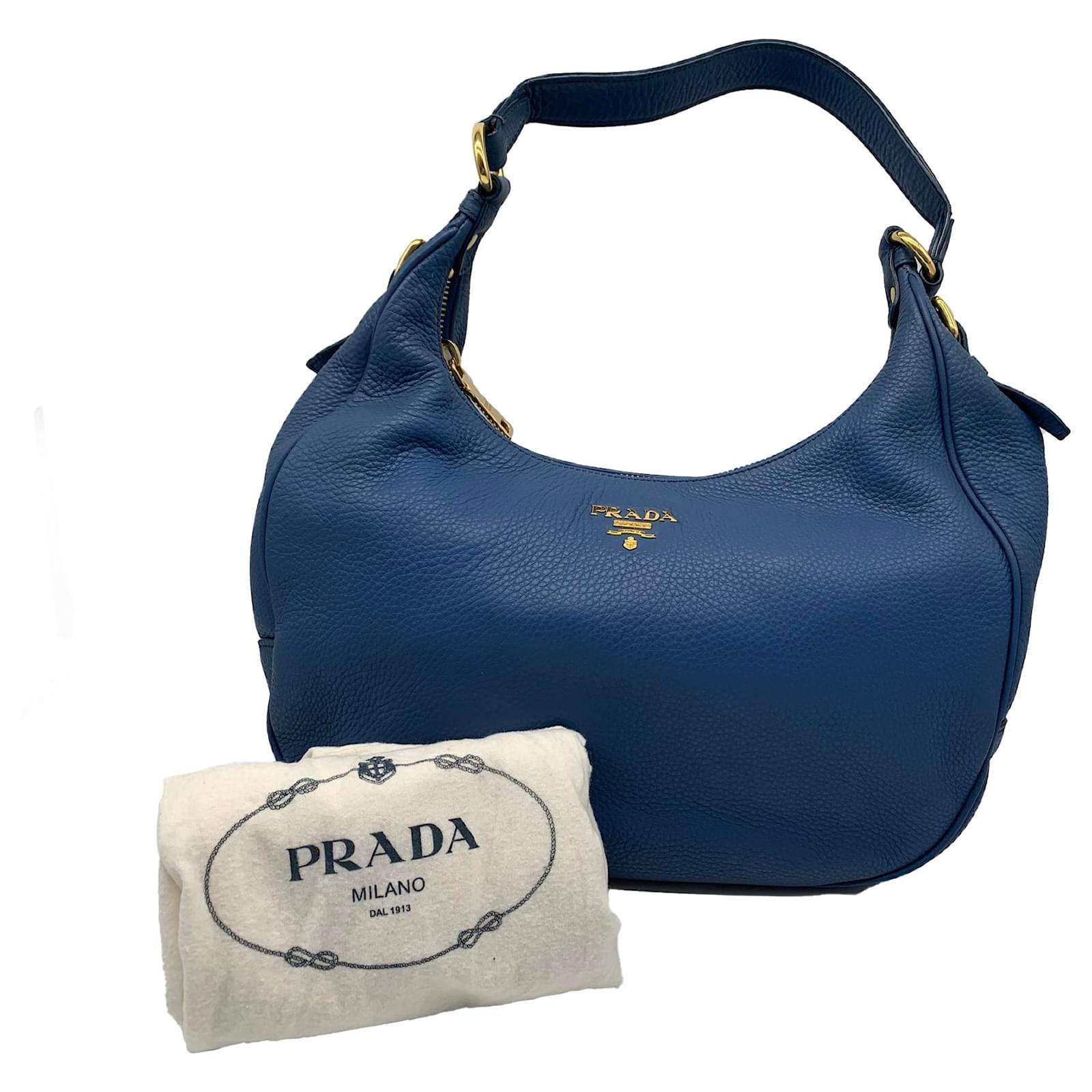 Prada Blue Vitello Daino Leather Top Handle Hobo Bag