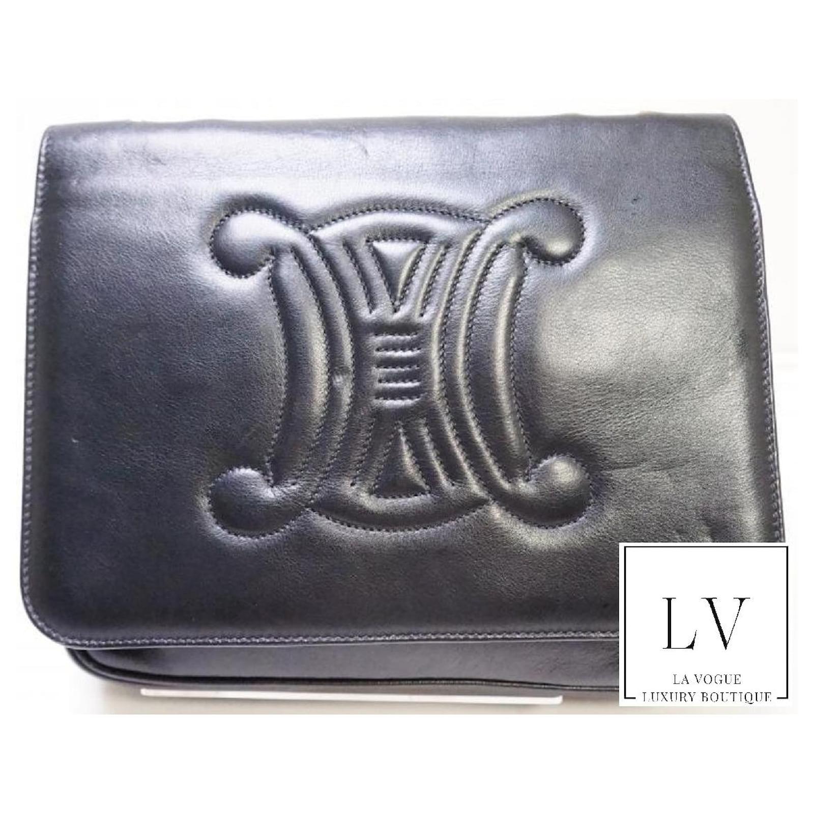CELINE Vintage Logo Letter Monogram Shoulder Bag Pochette Black Gold RankAB