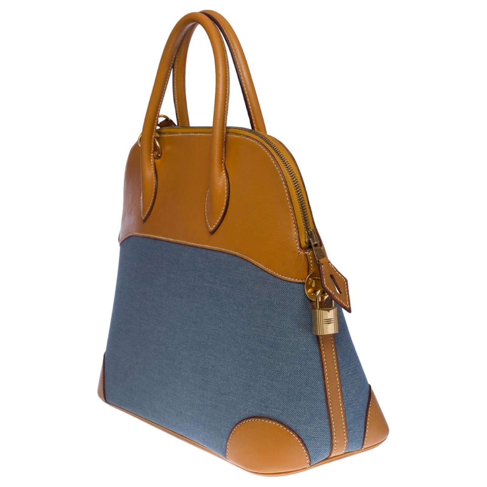 Hermes Birkin Shoulder Handbag in Brown Barenia Leather and Blue Denim