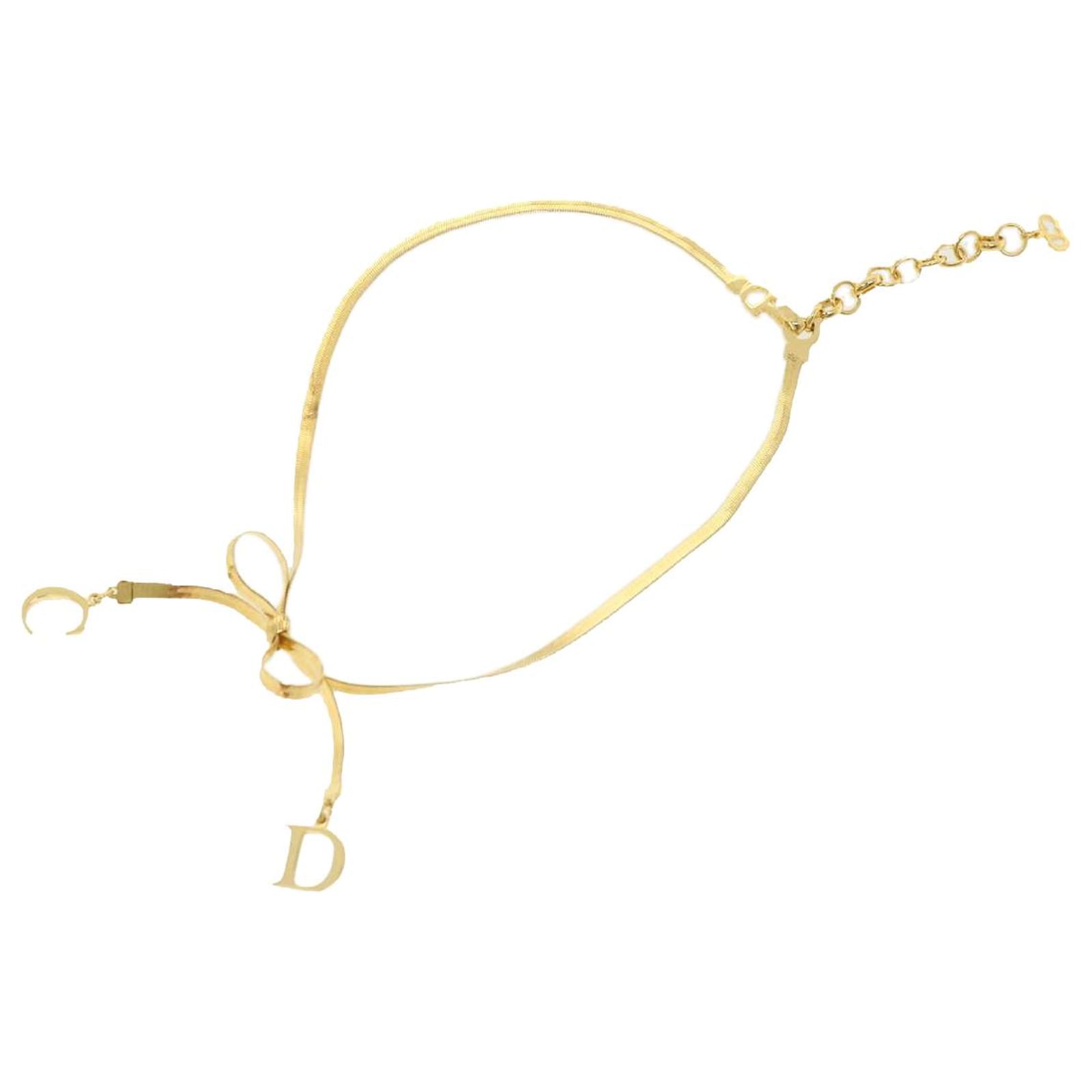 Christian Dior ribbon Necklace metal Gold Auth am3308 Golden ref.718474