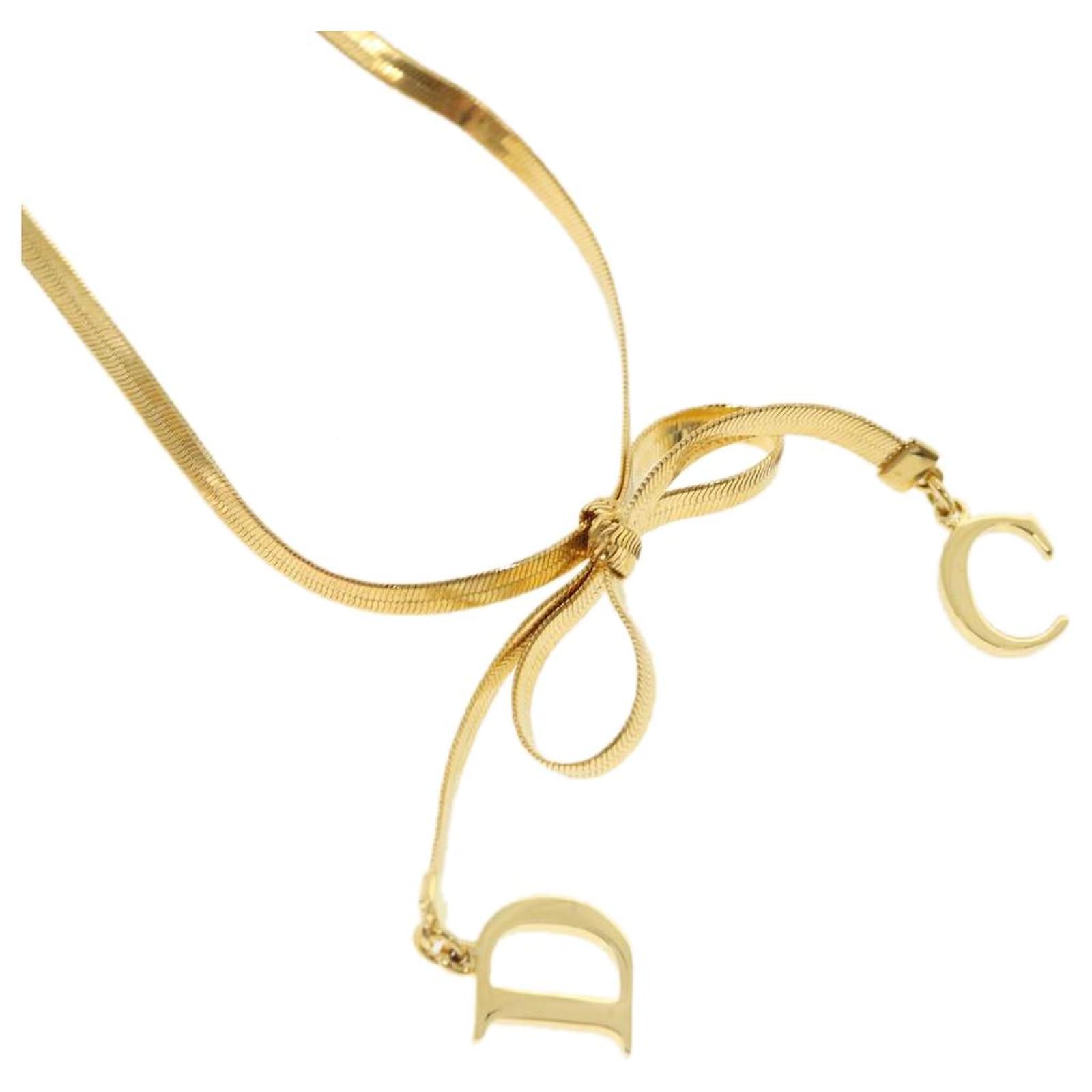 Christian Dior ribbon Necklace metal Gold Auth am3308 Golden ref.718474