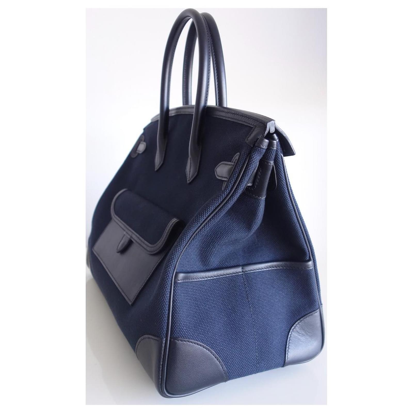 Hermès HERMES BIRKIN BAG 35 Cargo Black Navy blue Leather Cloth ref.720218  - Joli Closet