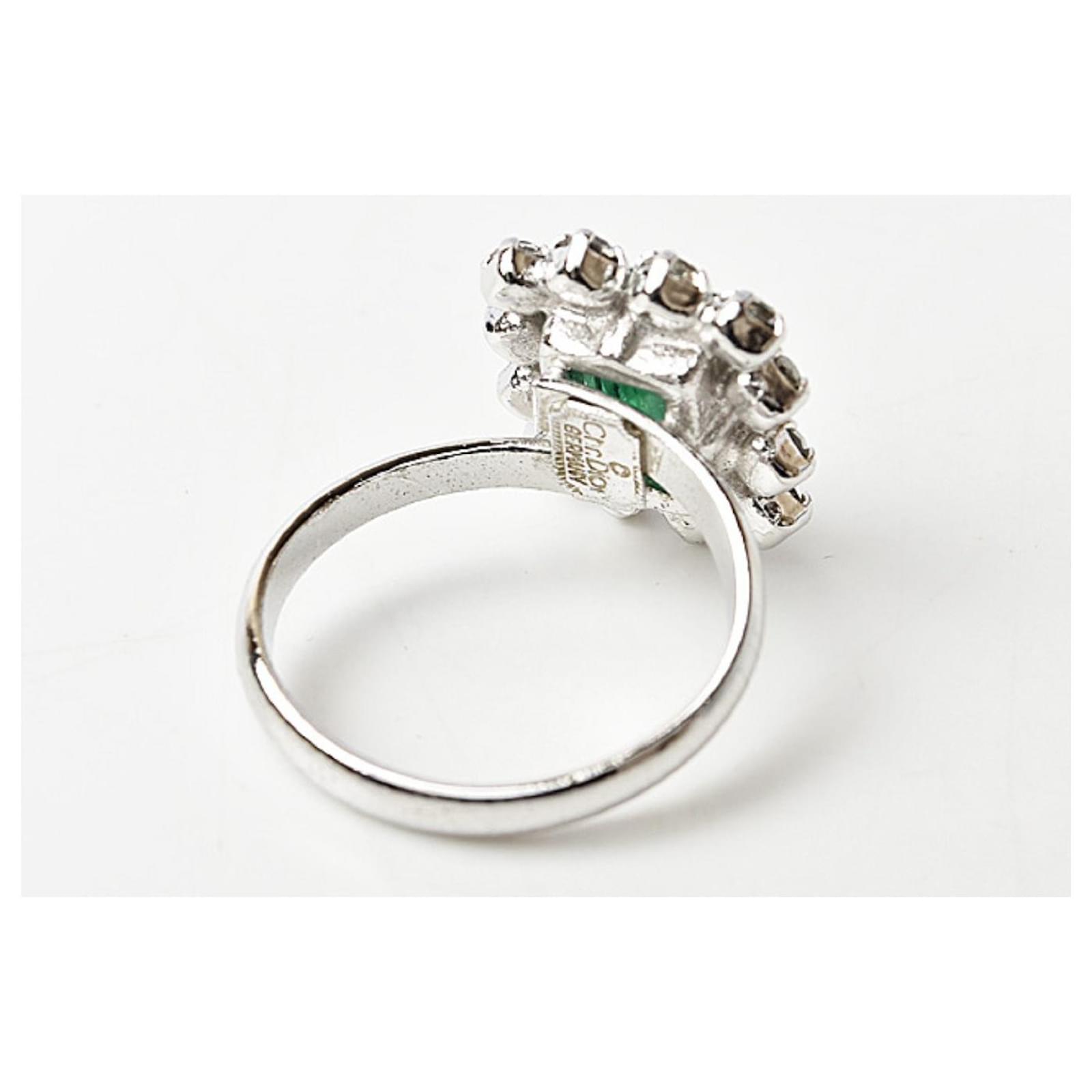 Christian Dior Vintage Rhinestone Ring Green Silver hardware