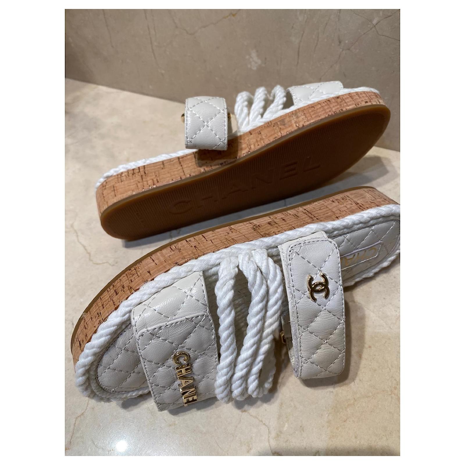 CHANEL beige 2021 LEATHER and ROPE DAD Flat Sandals Shoes 40 at