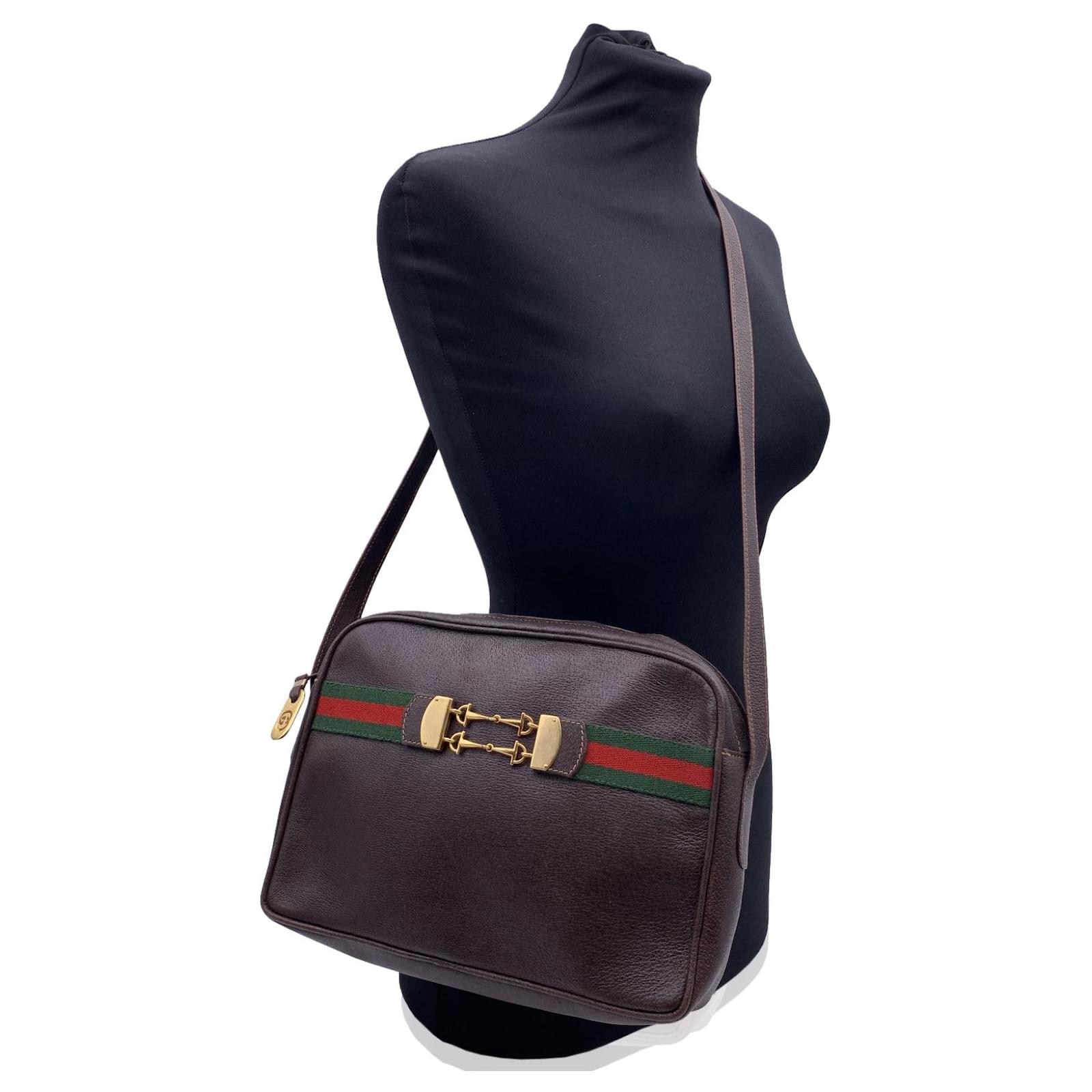 Gucci Vintage Brown Leather Horsebit Shoulder Bag with Stripes ref