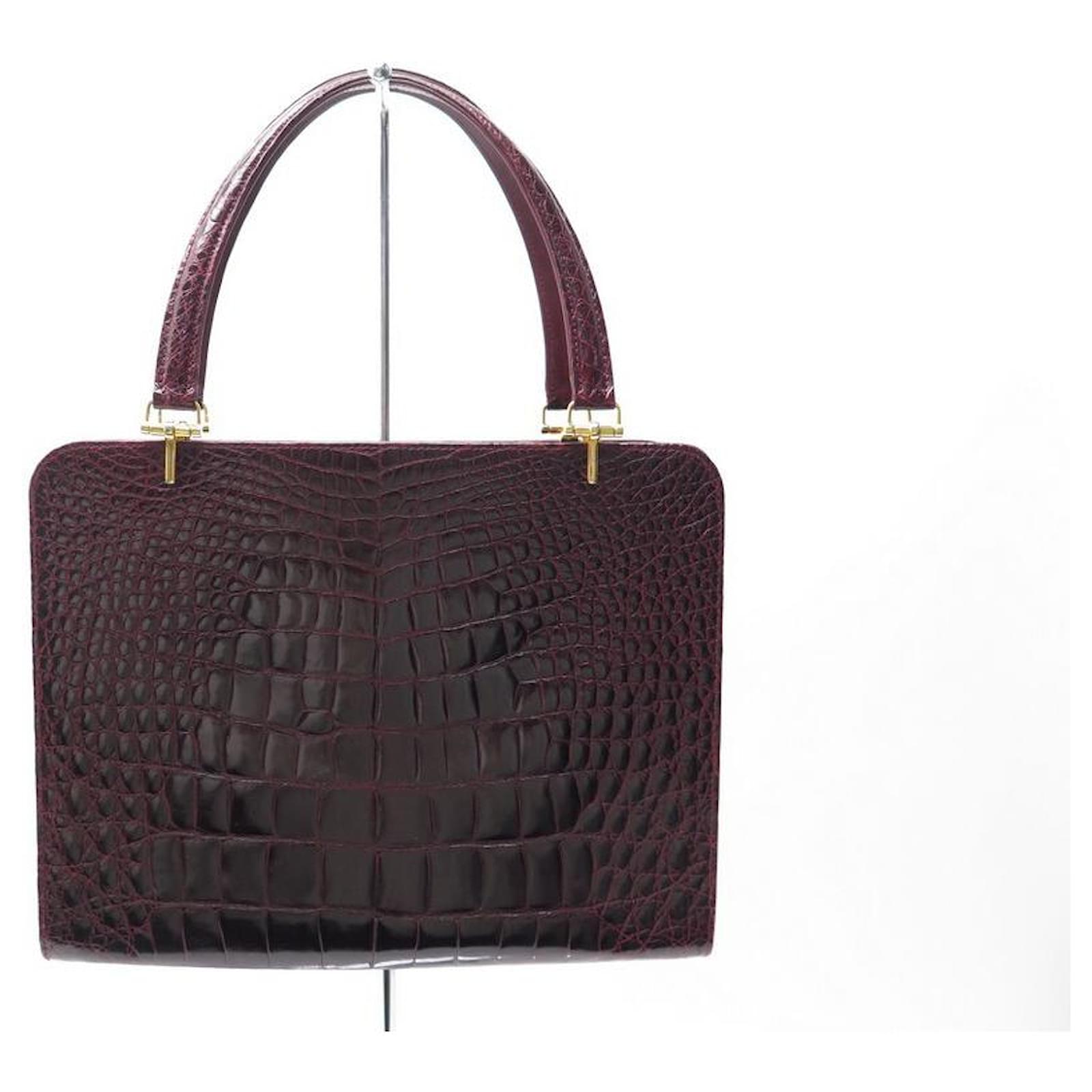 VINTAGE SAC A MAIN LANCEL EN CUIR CROCODILE BORDEAUX 28 CM LEATHER HAND BAG Cuirs exotiques ref 