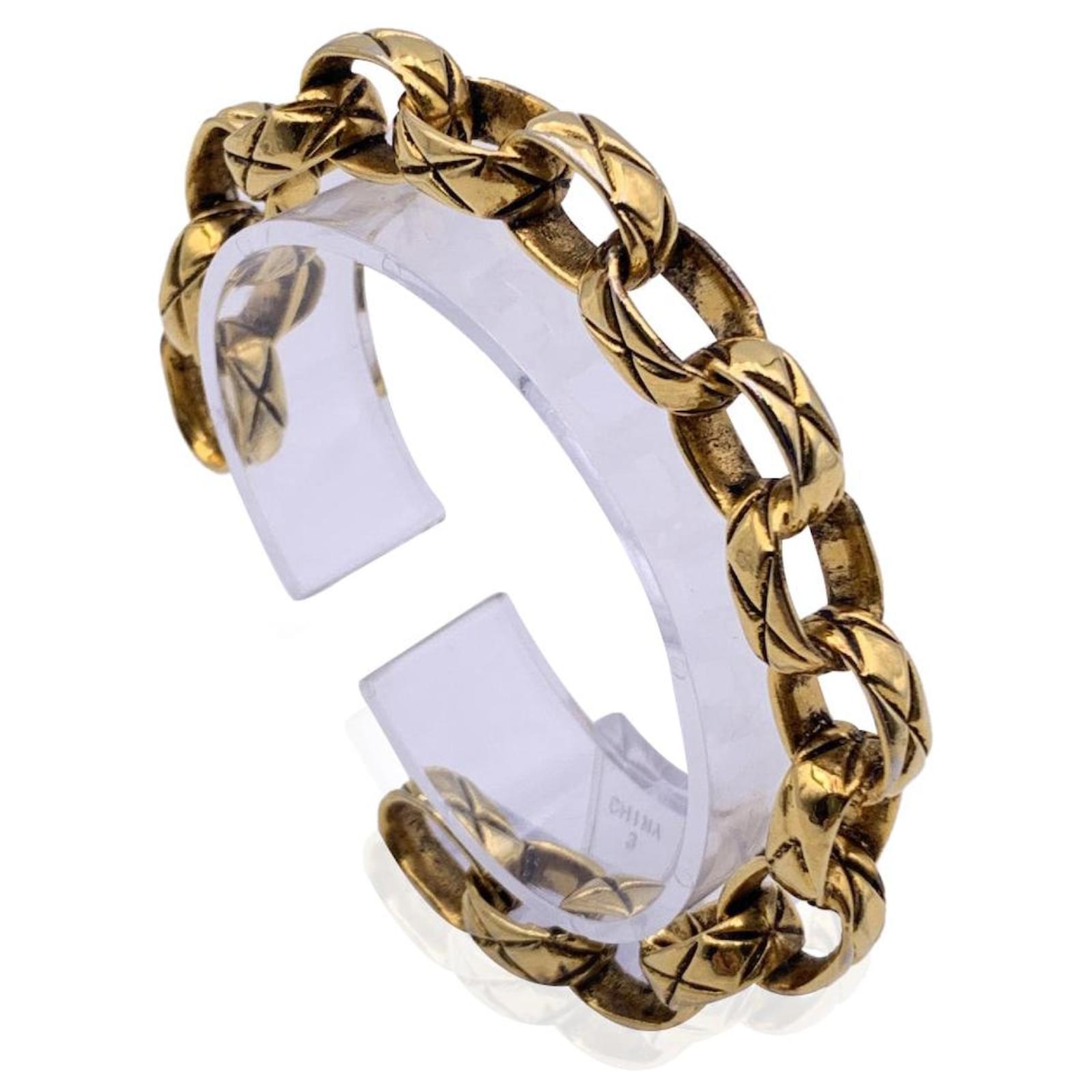 Chanel Vintage Gold Metal Cuff Bracelet Interlocking Chain Links Golden
