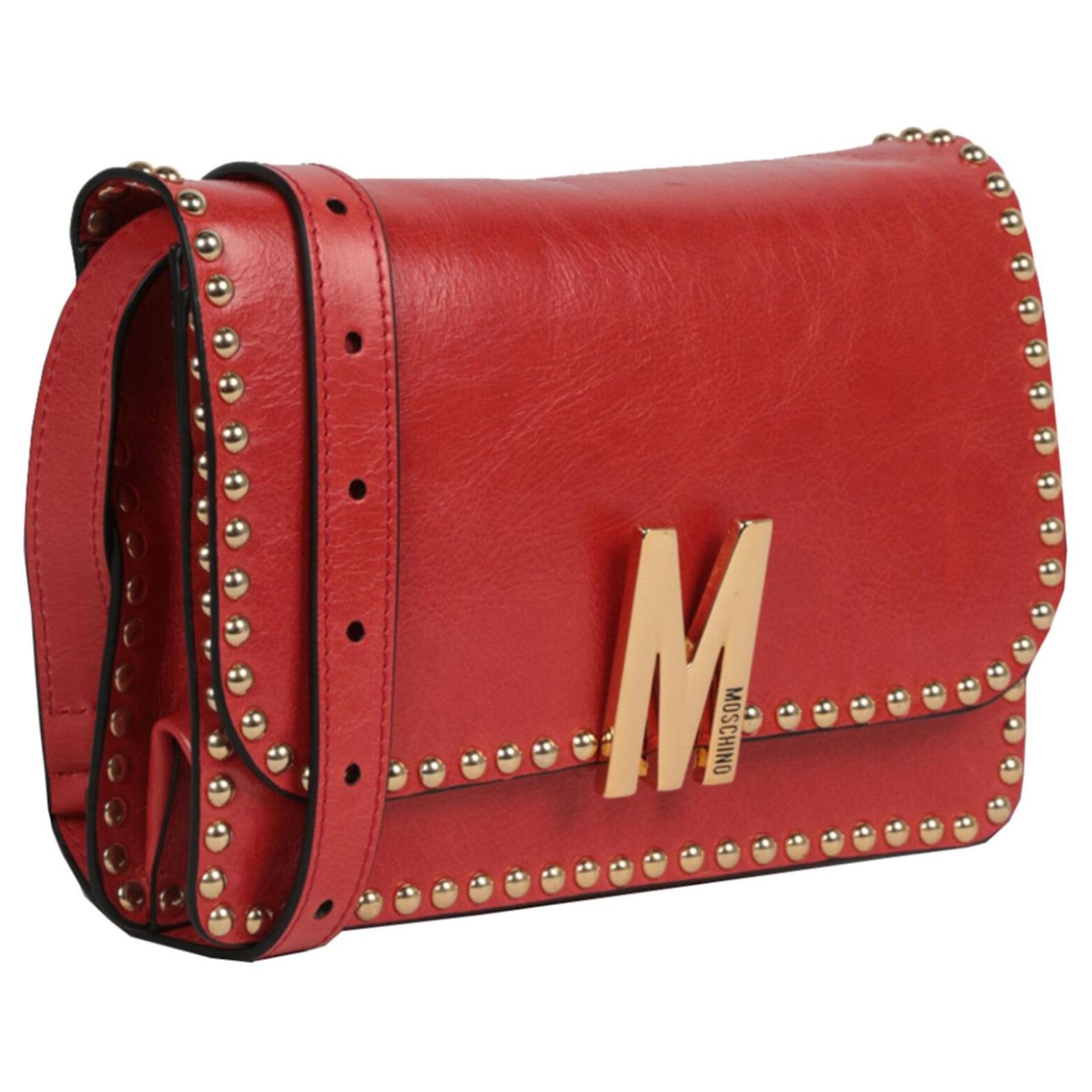 Moschino M Logo Studded Shoulder Bag Red Leather ref.740000 Joli