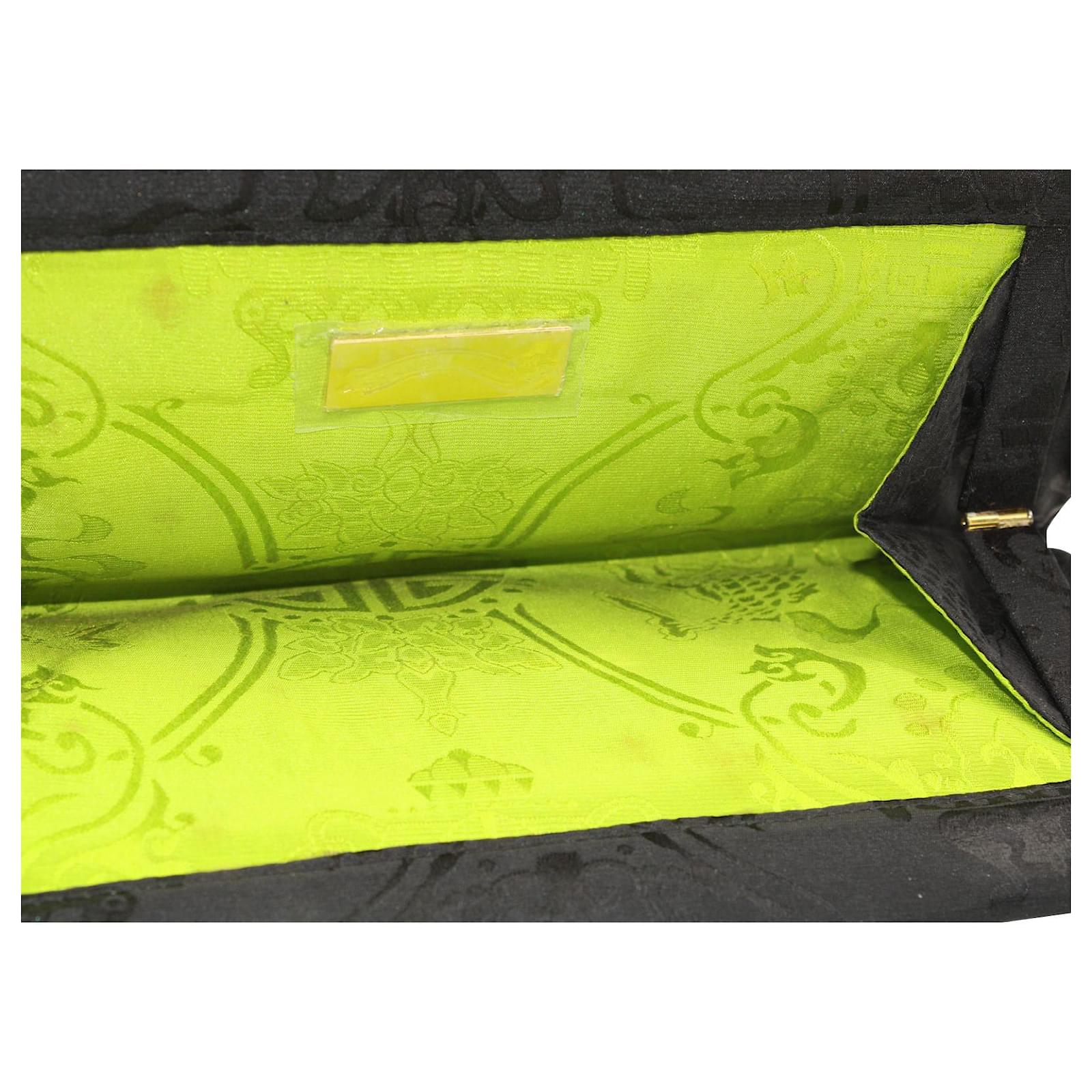 Shanghai Tang Silk embossed clutch with lime green lining Black