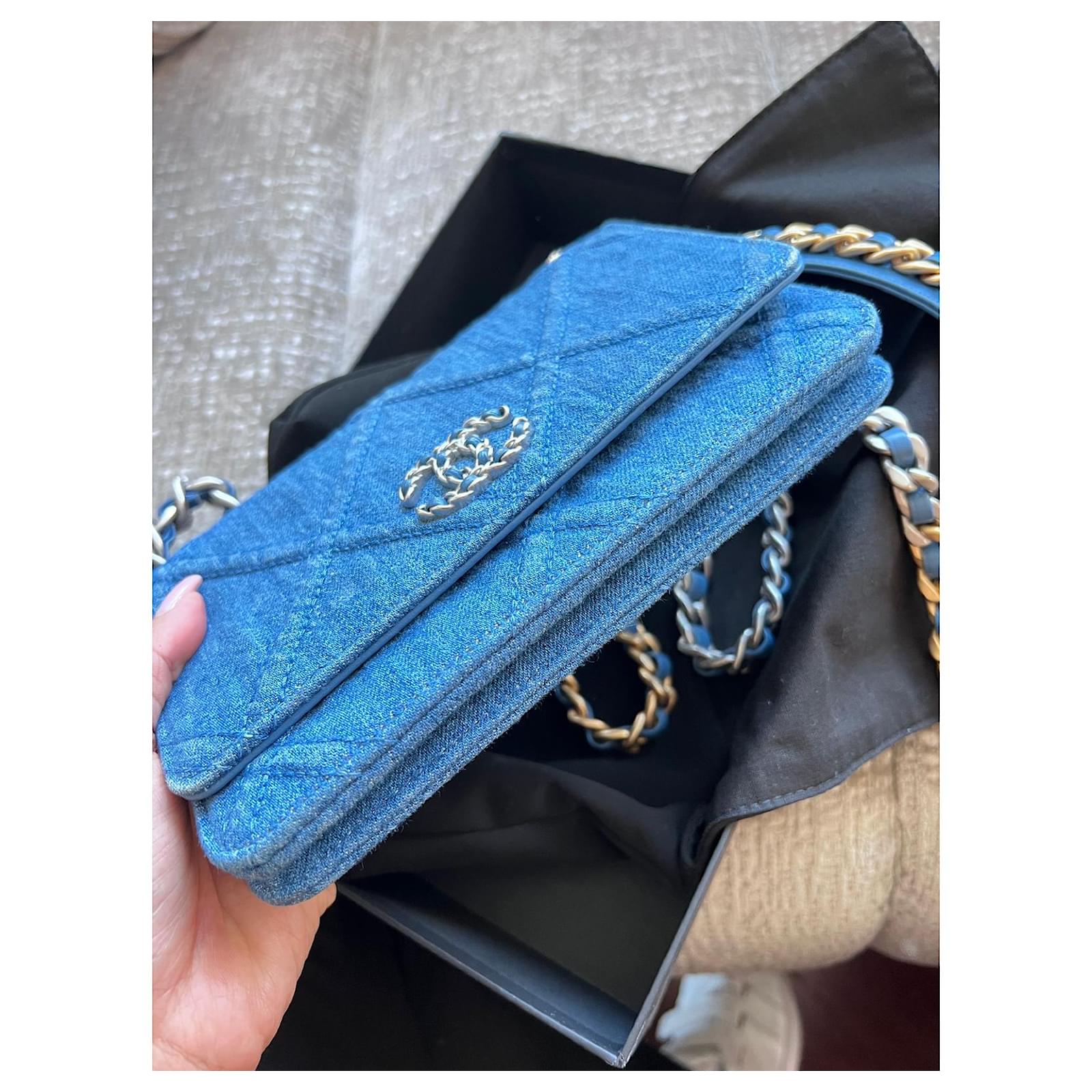Chanel Light Blue Quilted Denim 19 Wallet On Chain Gold and Ruthenium  Hardware, 2022.