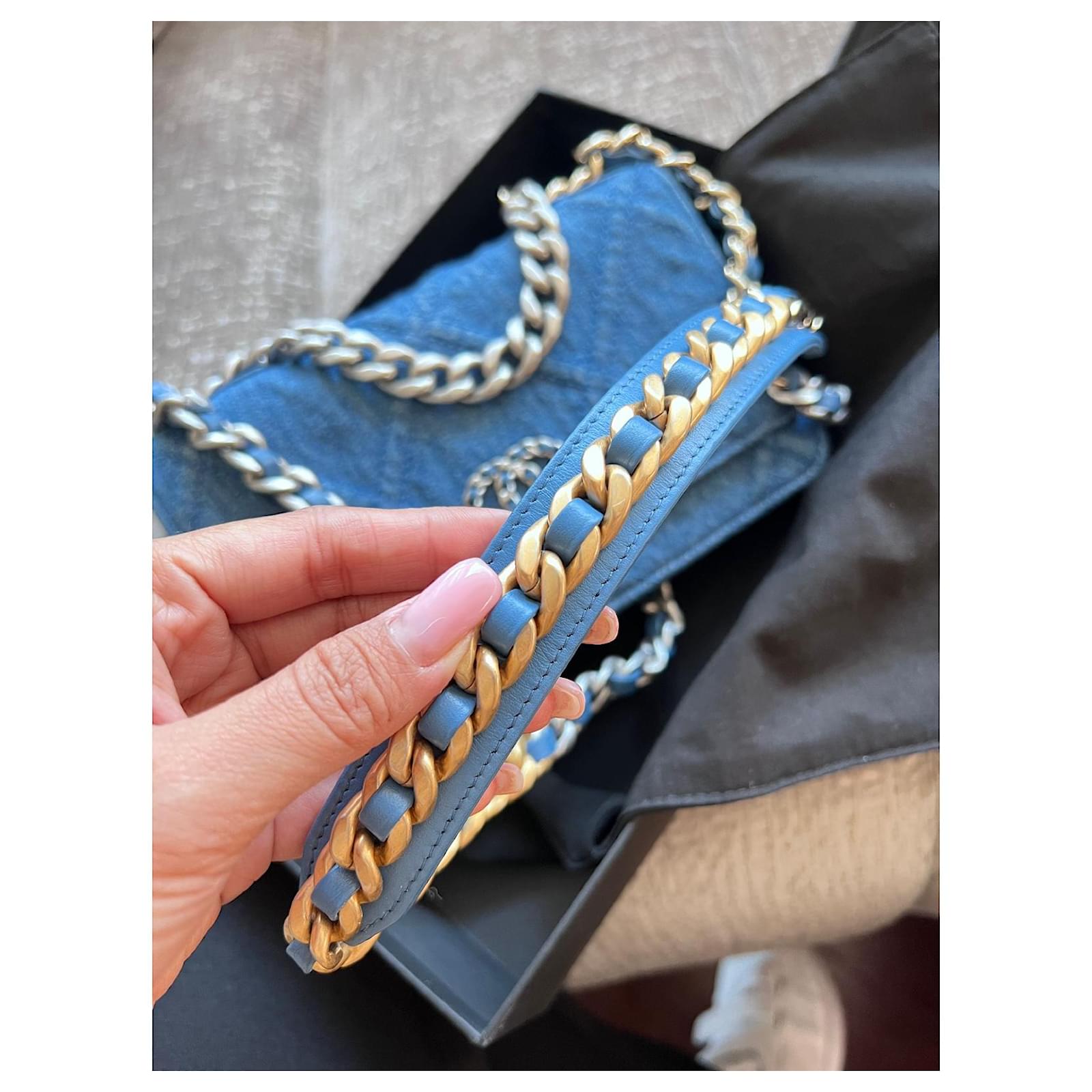 Chanel Light Blue Quilted Denim 19 Wallet On Chain Gold and Ruthenium  Hardware, 2022.