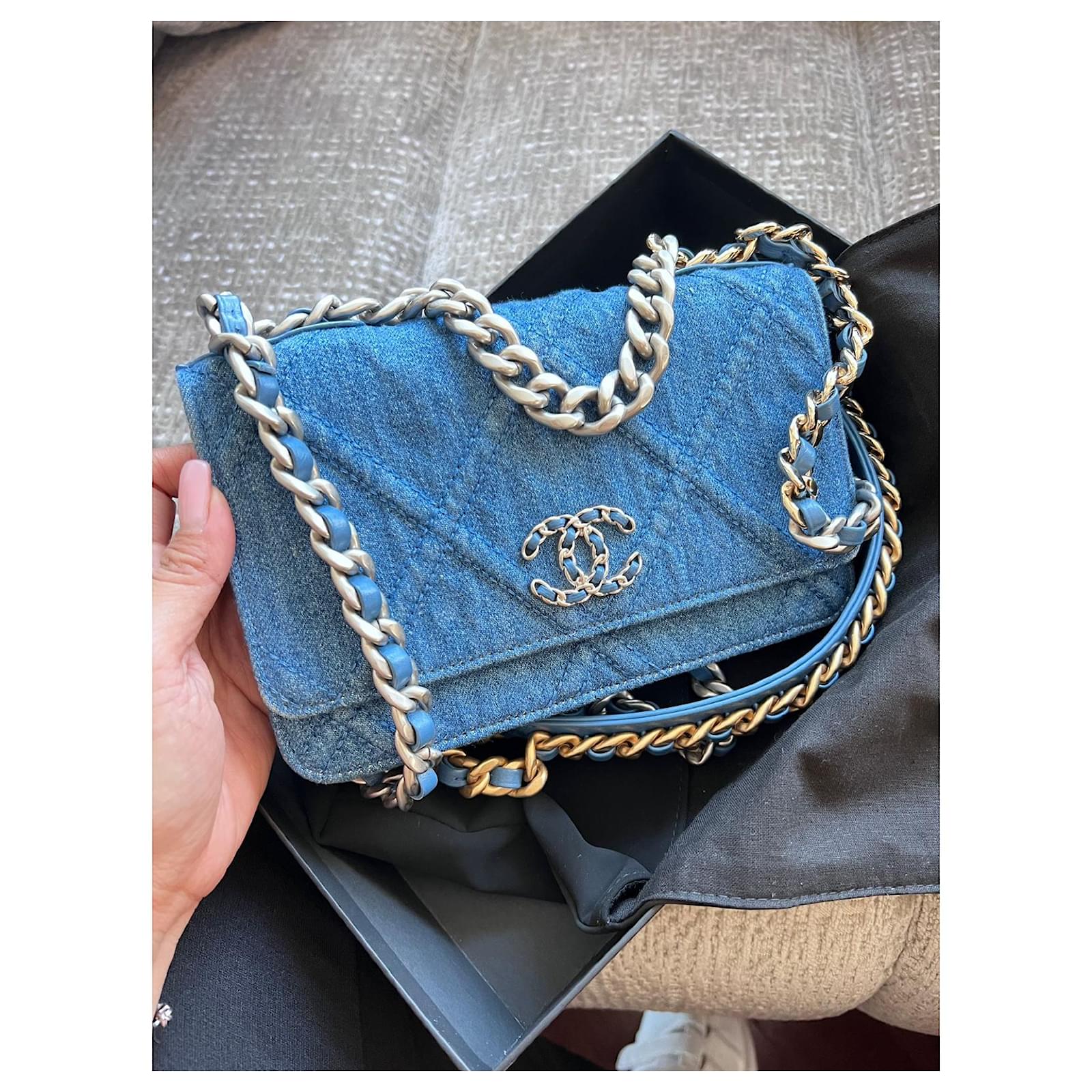 Chanel Light Blue Quilted Denim 19 Wallet On Chain Gold and
