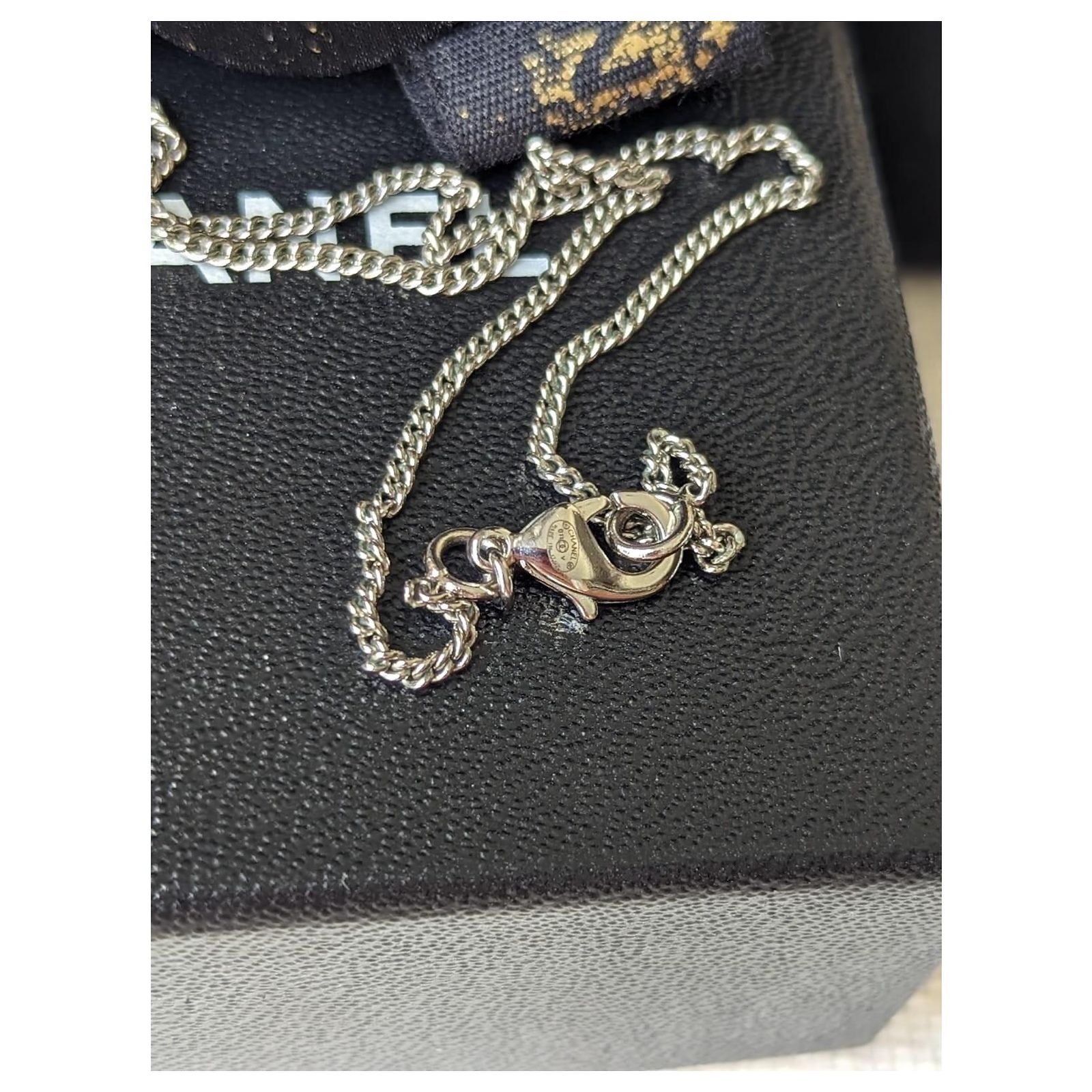 Chanel CC B11V logo classic timeless crystal necklace box docs Silvery ...