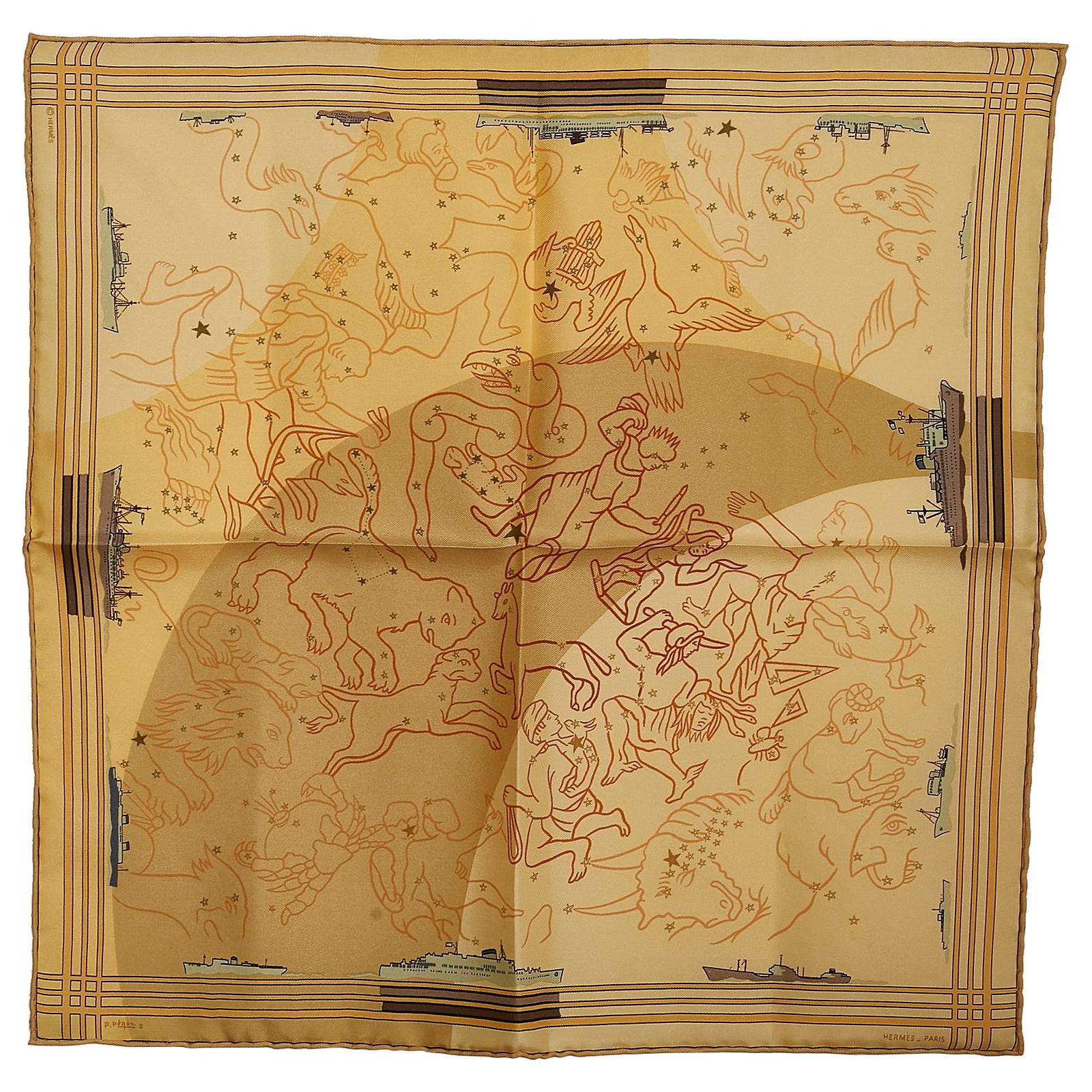 Foulard Hermès En Soie Vintage Collection Air France 1962 - Bleu, Motifs Hélices Et Hippocampe | Neuf Sans Étiquette