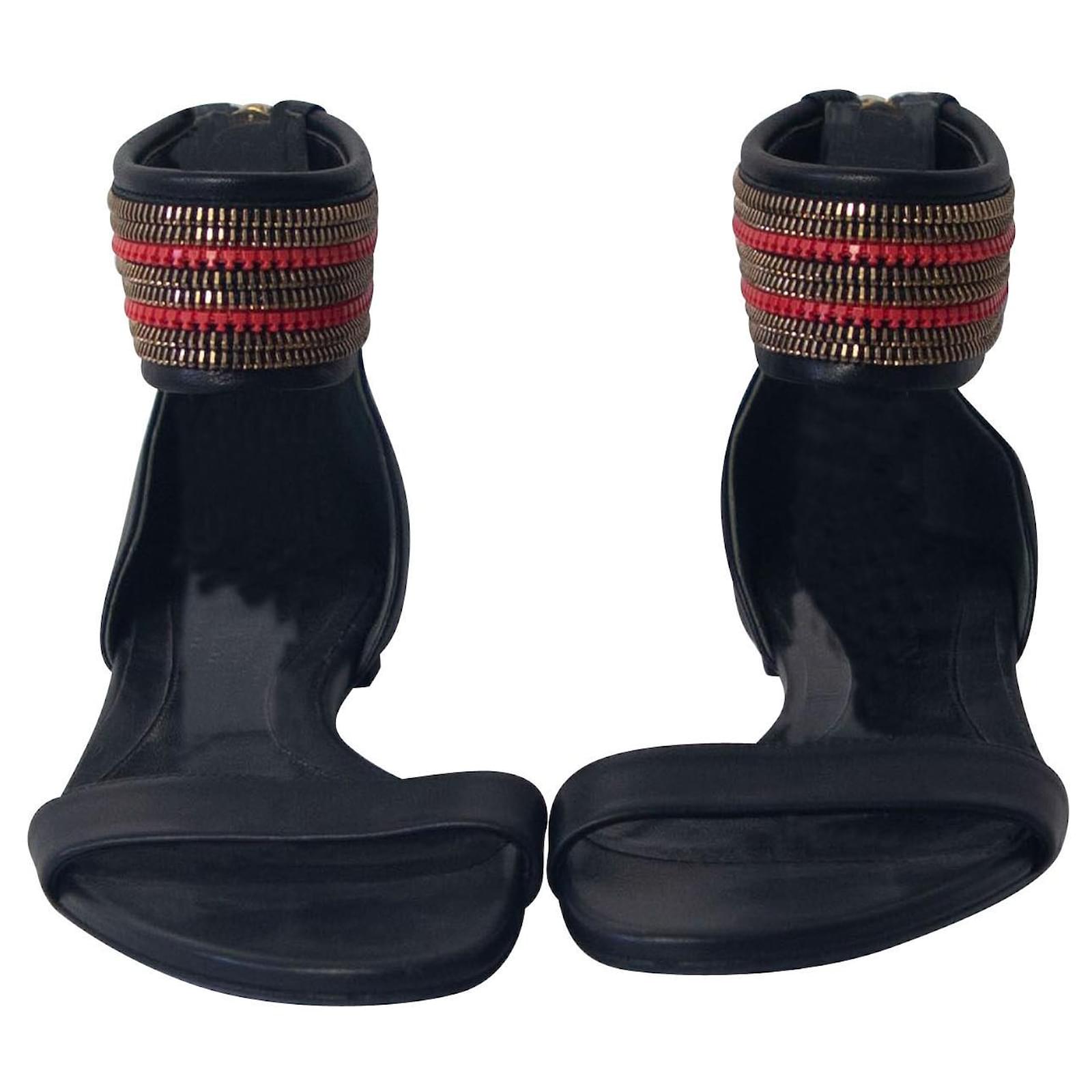 McQ by Alexander McQueen Zipper Detail Flat Sandals in Black Leather