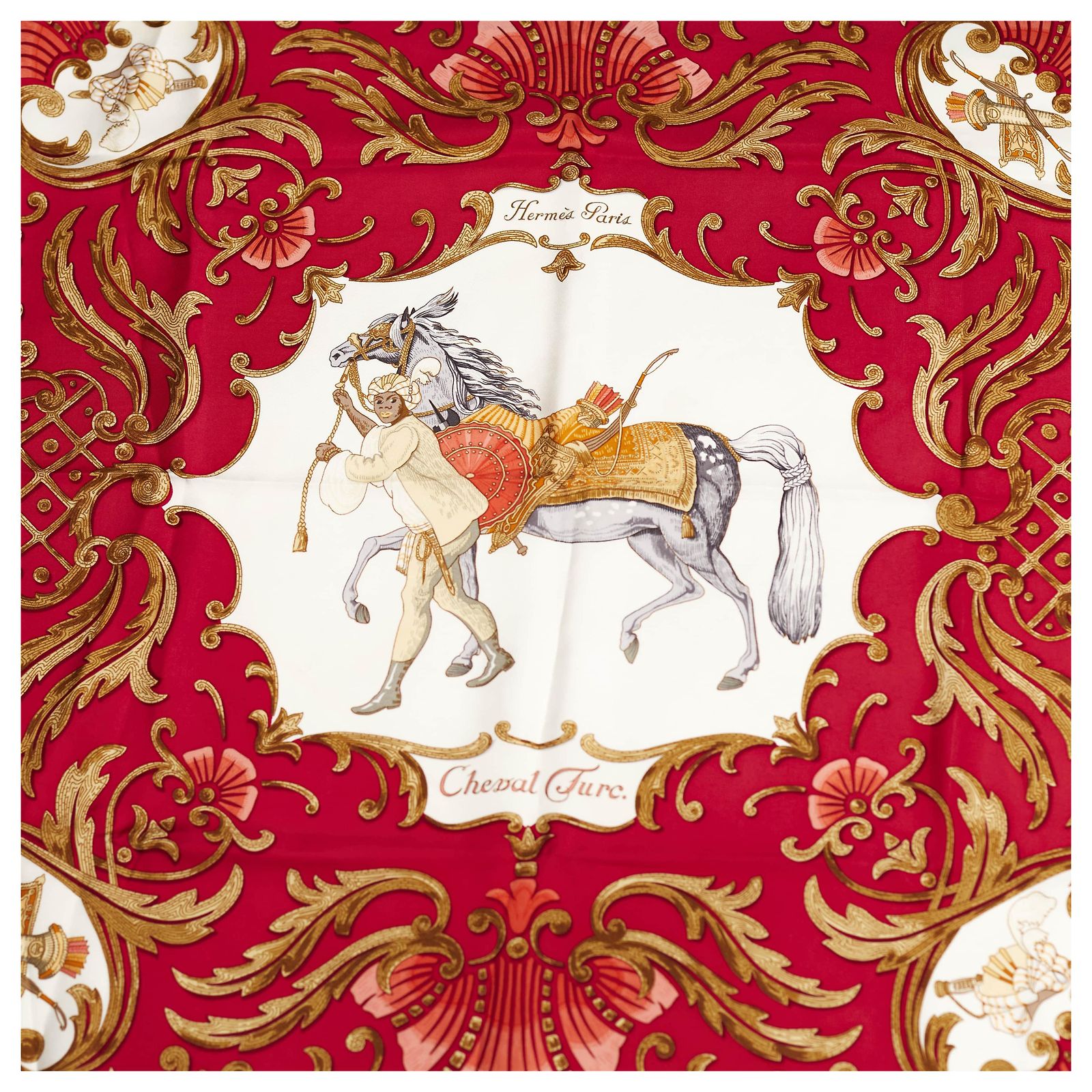 Foulard Carré HERMÈS 90 En Soie - Motif Bateau Rouge/beige, Fabrication Française, étiquettes D'origine