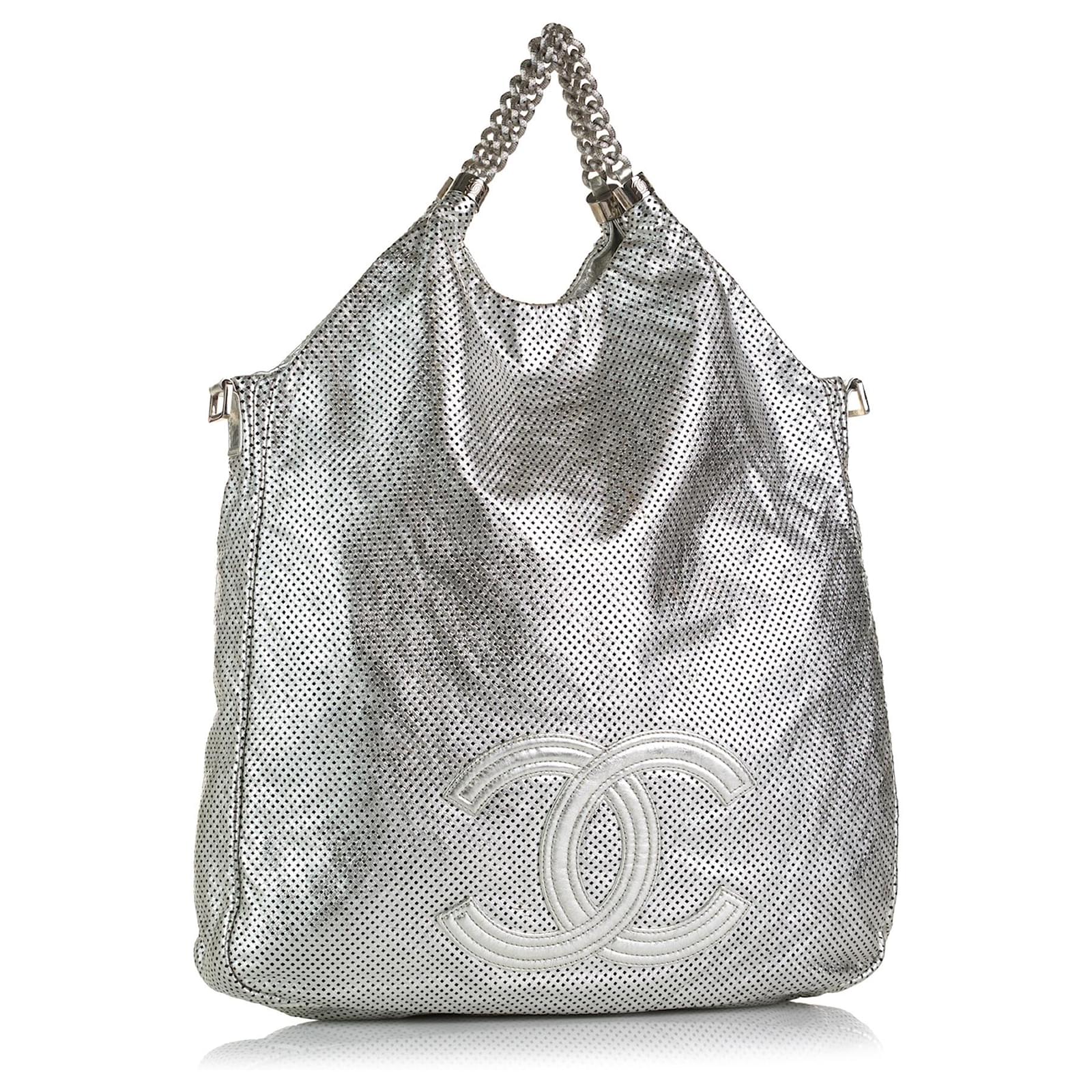 CHANEL Rodeo Drive Perforated Leather Shoulder Bag Metallic Silver