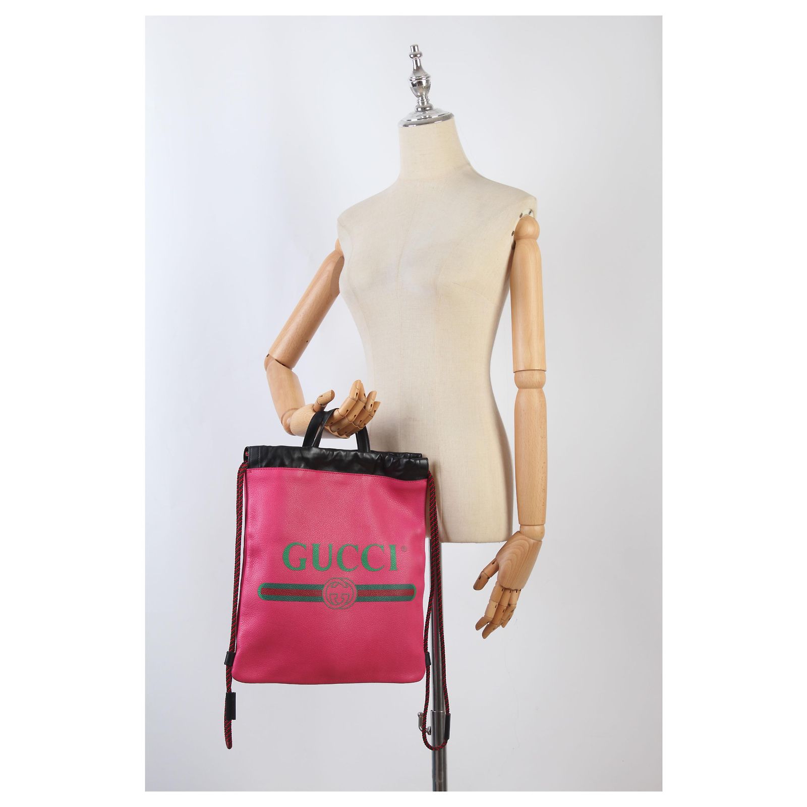 GUCCI Small Drawstring Backpack 523586 Pink Green Multi Leather Backpack Gucci Calfskin Logo Drawstring Backpack Green 1840167  main image 3
