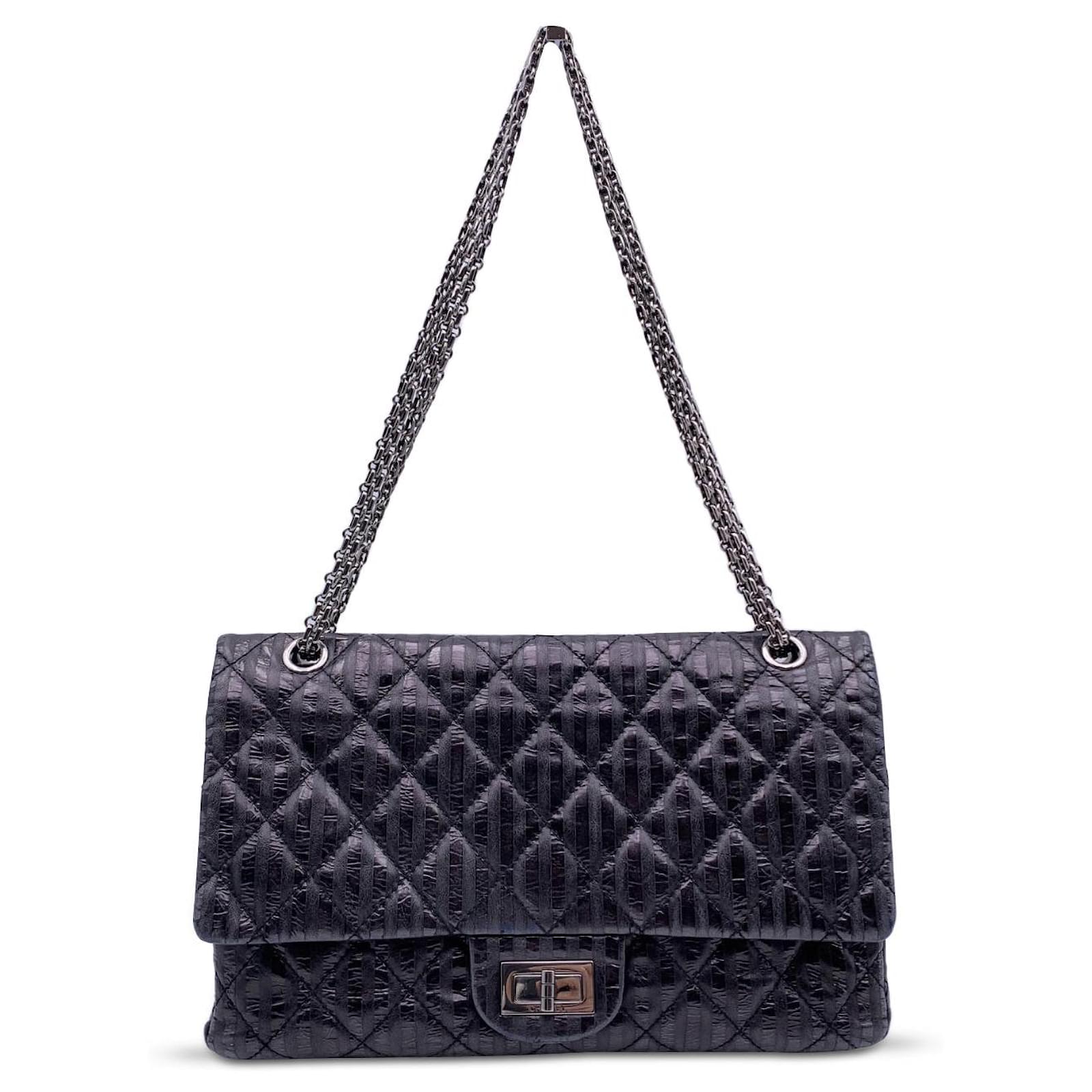 Chanel Black Quilted Metallic Leather Striped 2.55 REISSUE FLAP BAG ref ...