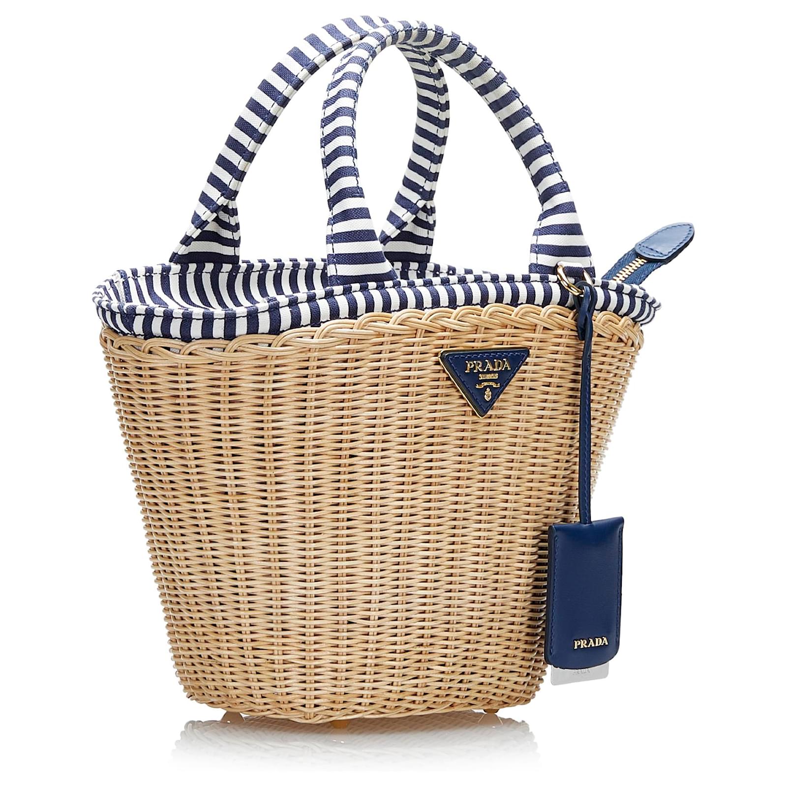 Prada Leather Trimmed Woven Raffia Bucket Bag in Blue