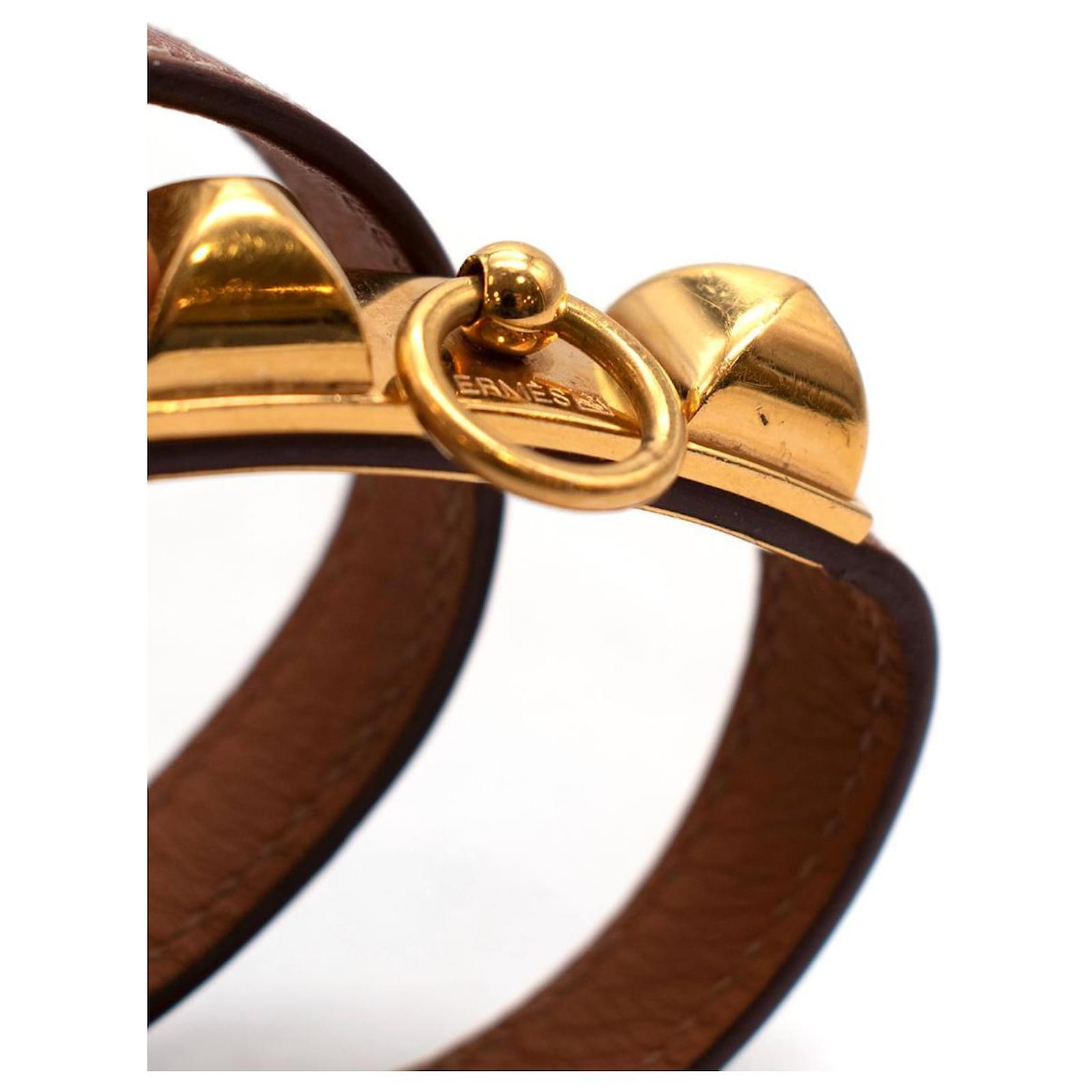 Hermès Gold Leather Rivale Double Tour Bracelet GHW Brown Beige ref.785770  - Joli Closet