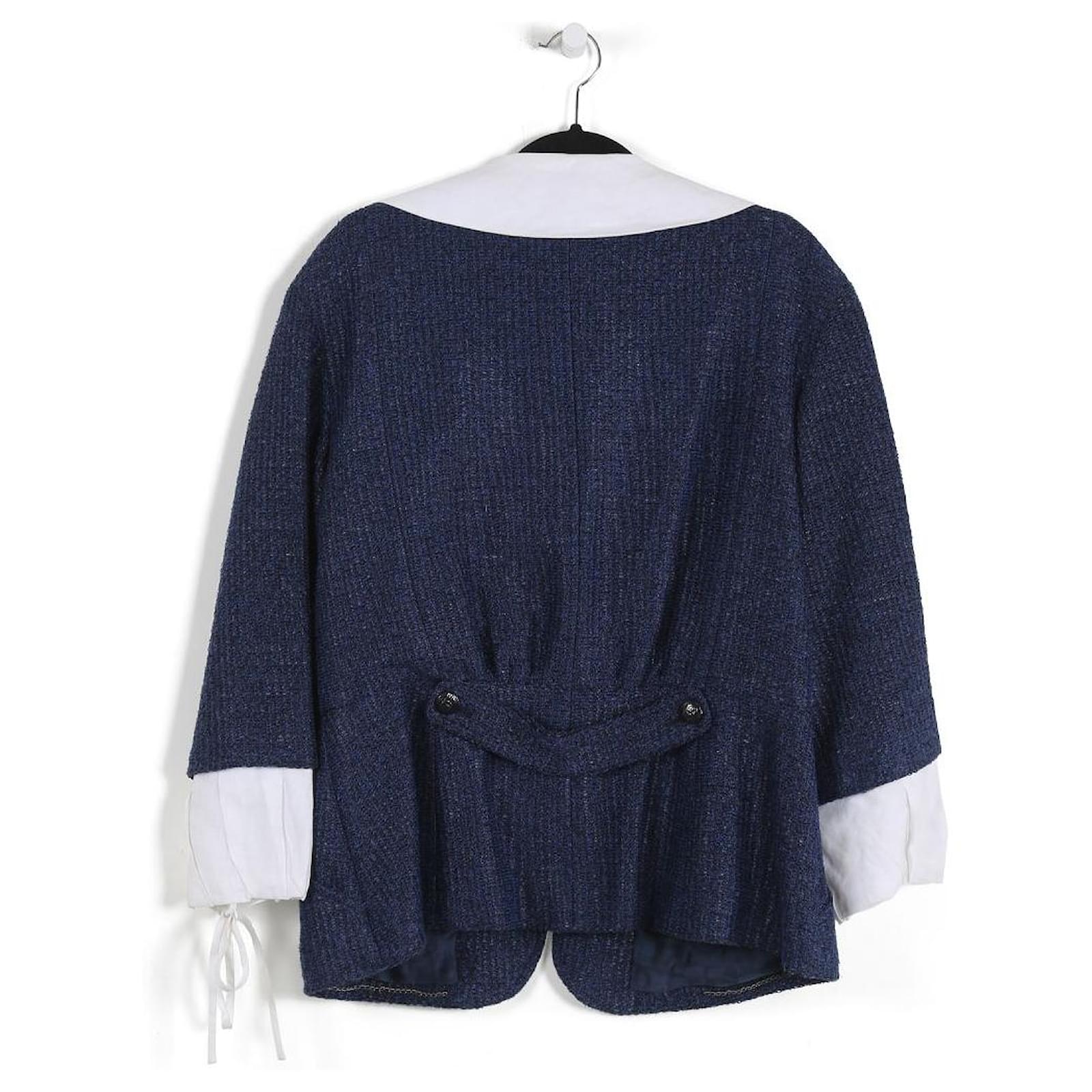 Chanel Blue & Black Tweed Wool/Jute With Detachable White Collar