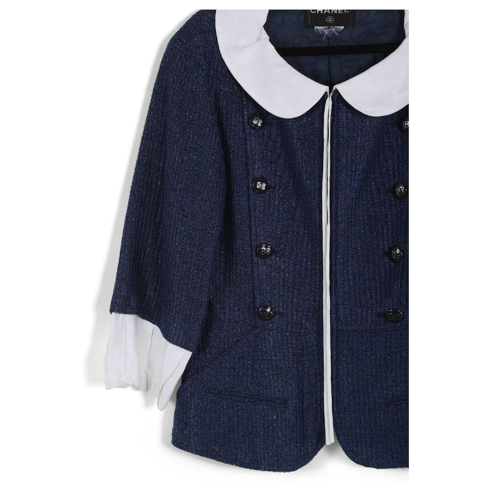 Chanel Blue & Black Tweed Wool/Jute With Detachable White Collar