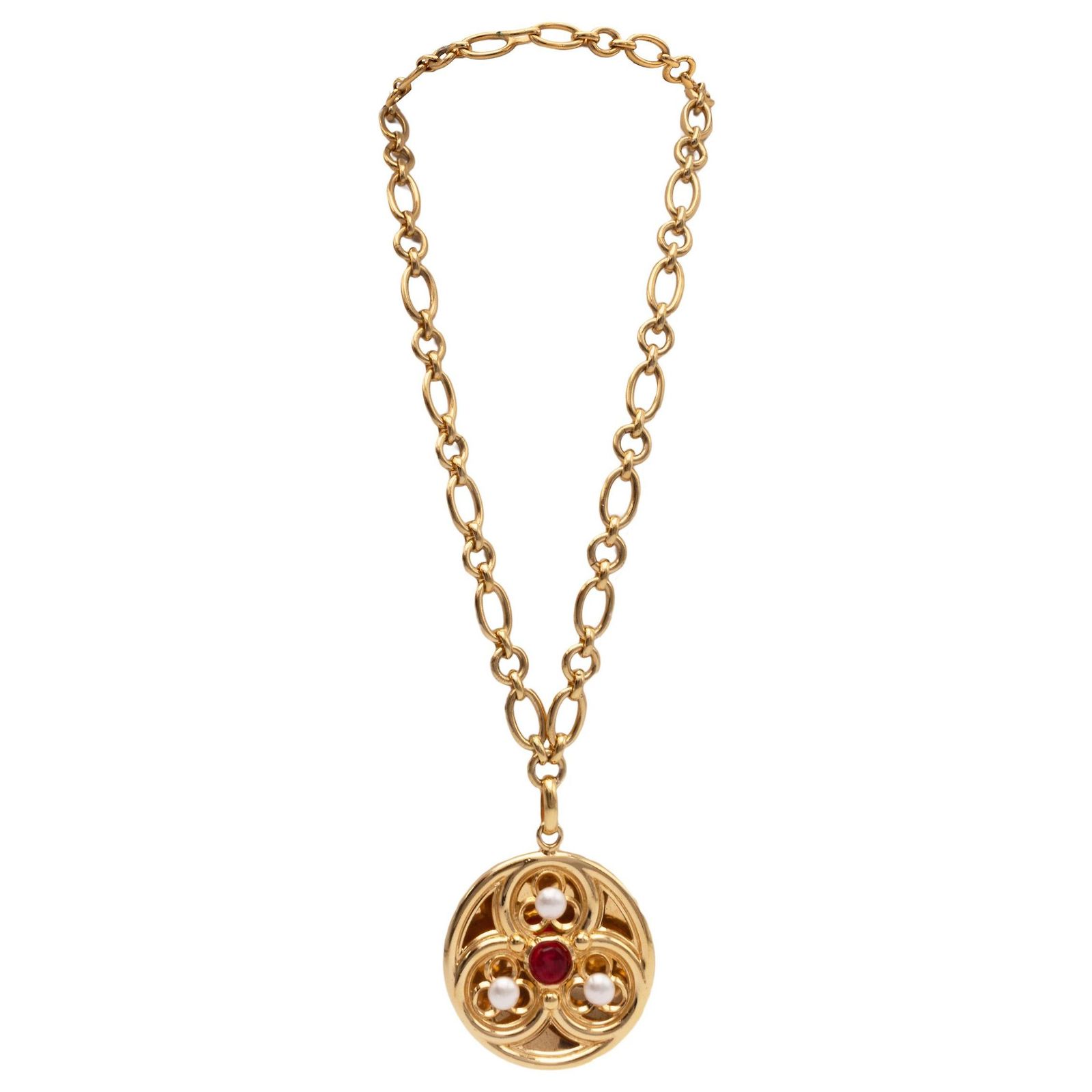 Collier Médaillon Doré Fleurs Email Années 70 - Vintage