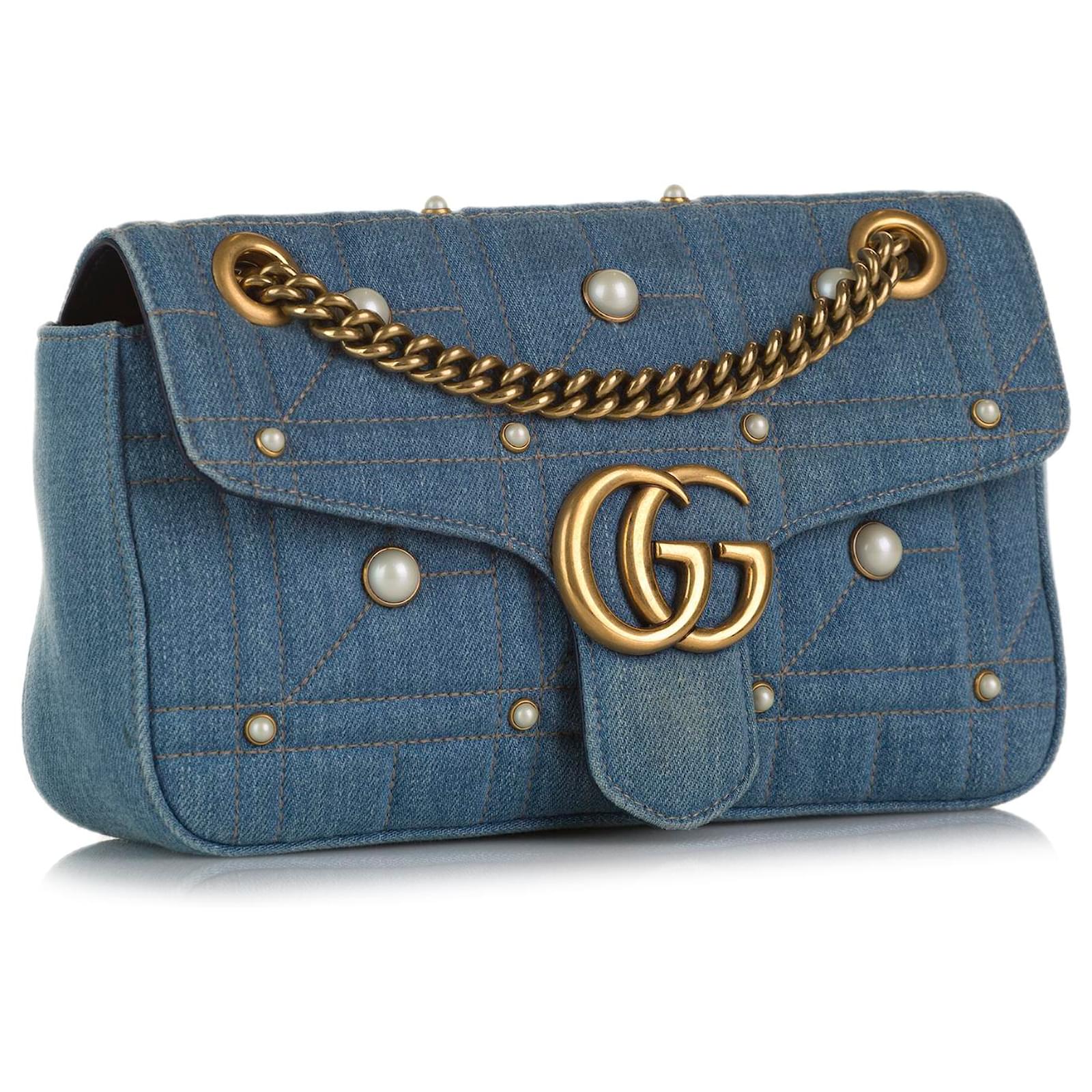 Sac à épaule moyen en denim bleu Gucci Marmont et imitation perles –  Boutique LUC.S