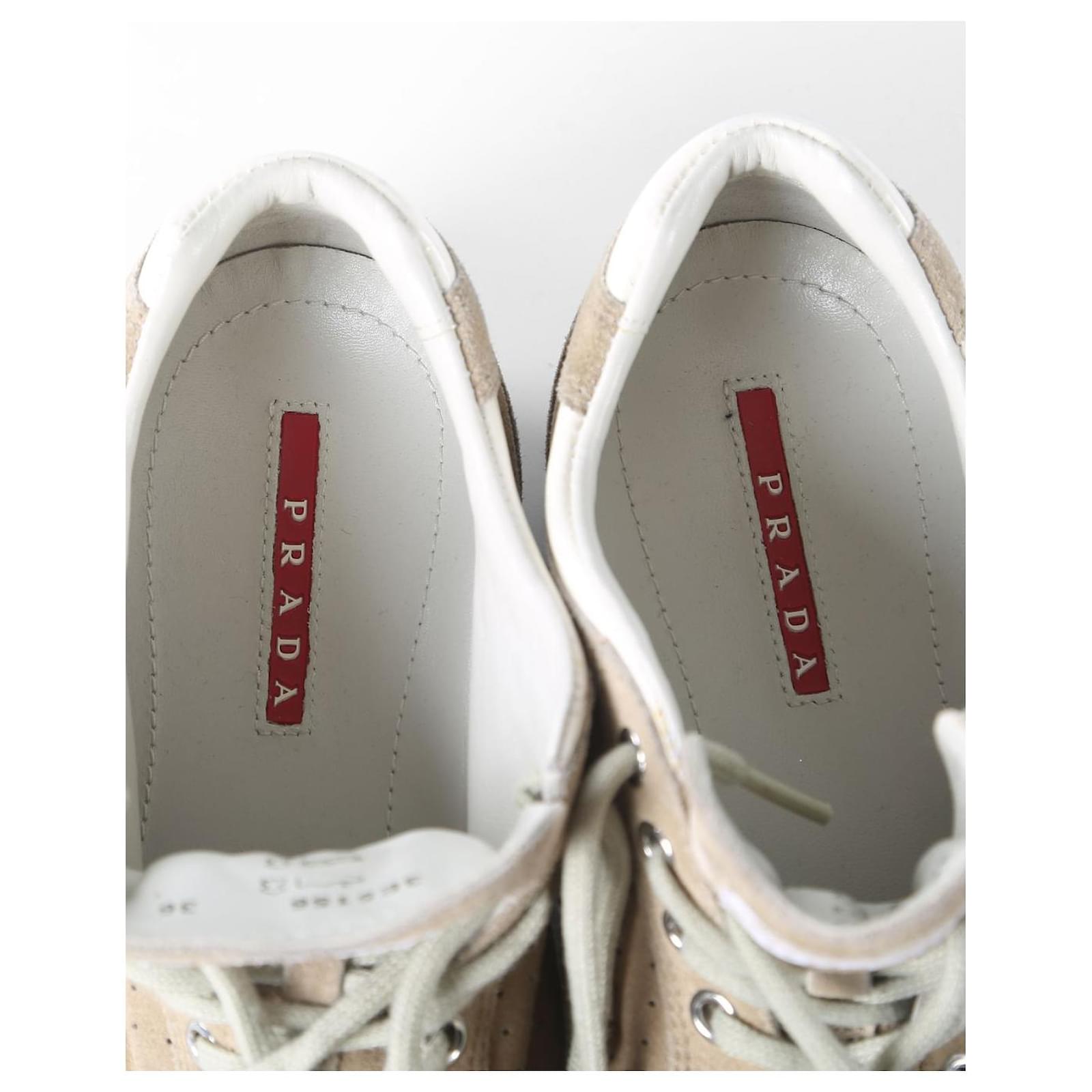 Prada Beige Suede Perforated Low Top Sneakers With White