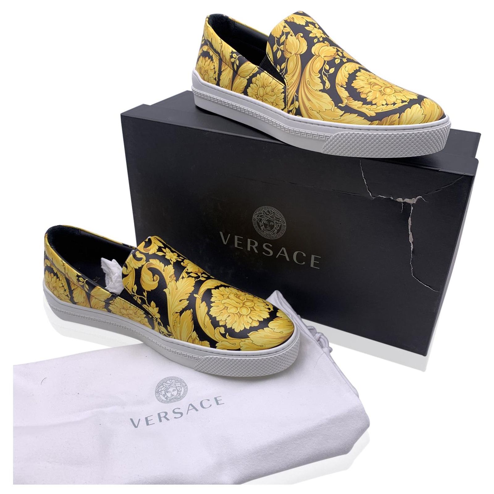 Versace Black Gold Baroque Print Leather Slip On Sneakers  display picture 2