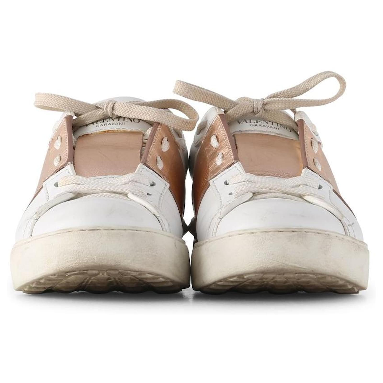 Valentino Garavani White And Metallic Rose Gold Leather Low Top