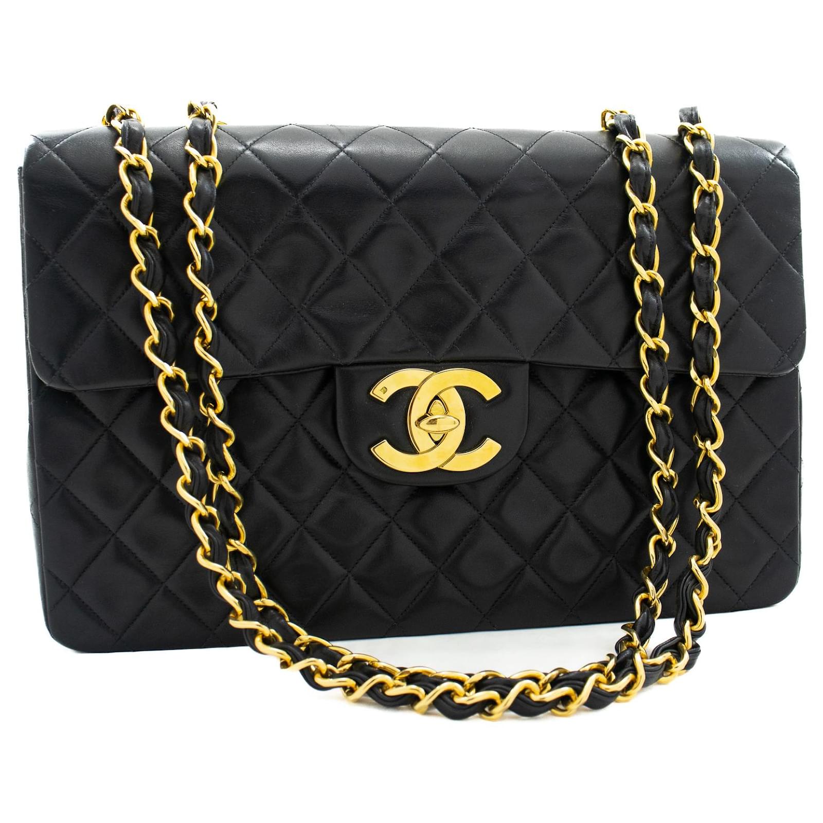 Vintage Chanel 13 Signature CC Maxi Jumbo Black Quilted Leather Shoulder  Flap Bag