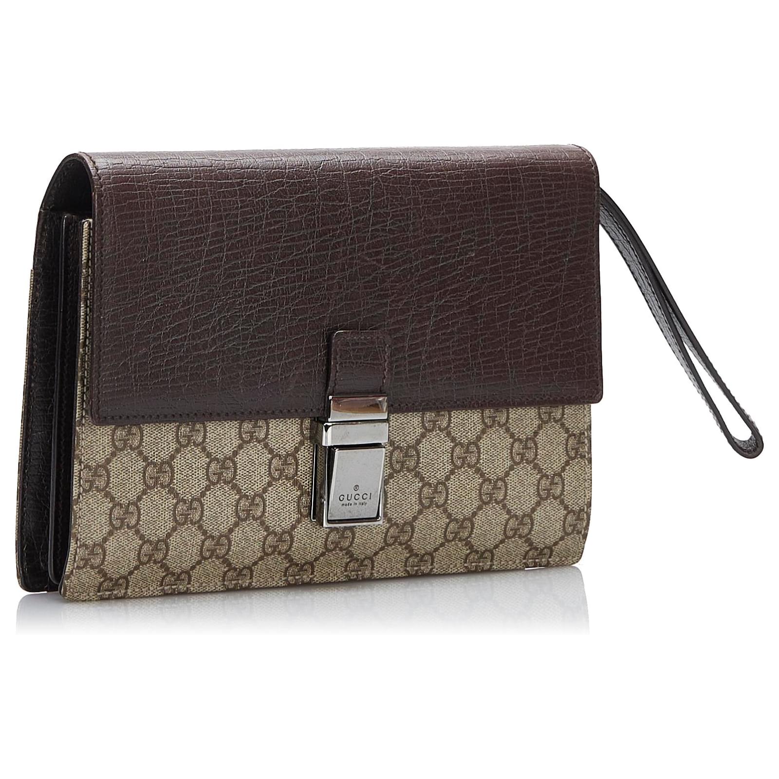 Gucci Brown GG Supreme Clutch Bag Beige Dark brown Leather Cloth Pony-style  calfskin Cloth ref.569281 - Joli Closet