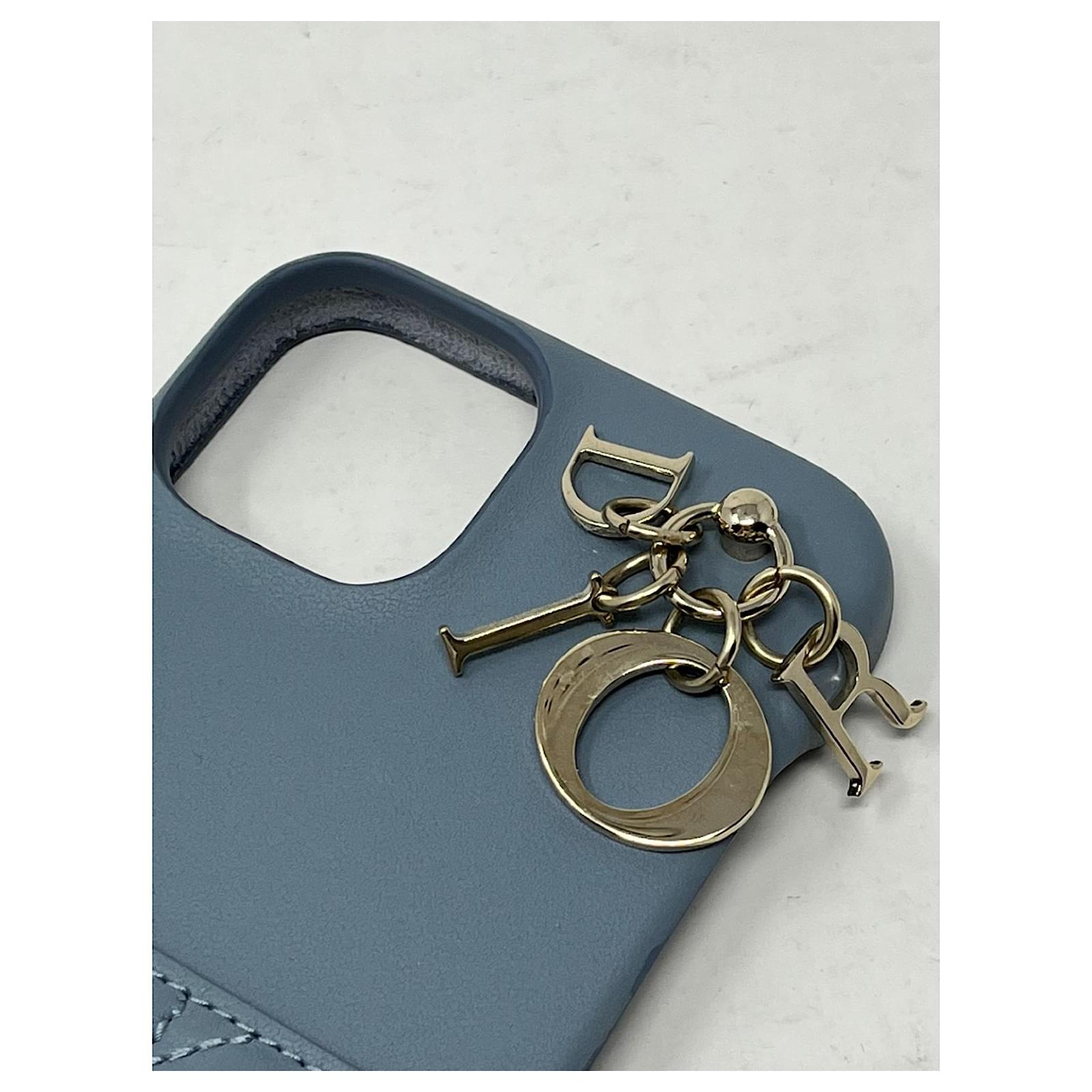 LADY DIOR CASE FOR IPHONE 13 PRO Cannage lambskin Blue Grey Gold hardware  Leather Metal ref.821785 - Joli Closet