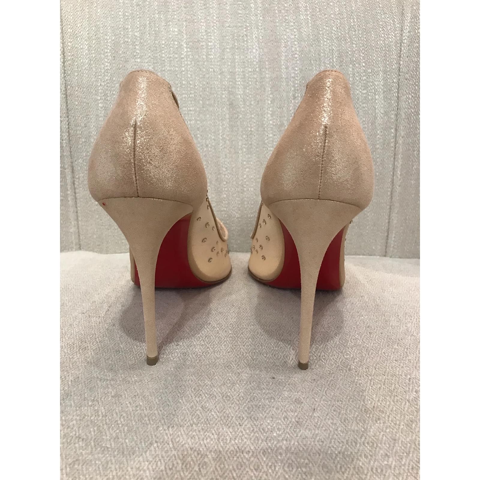 Christian Louboutin Beige/Silver Mesh and Leather Follies Strass Pumps Size  39.5 Christian Louboutin