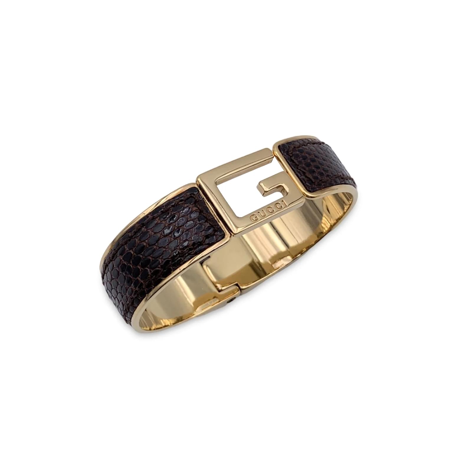 Gucci Vintage Gold Metal Brown Leather G Logo Bangle Bracelet