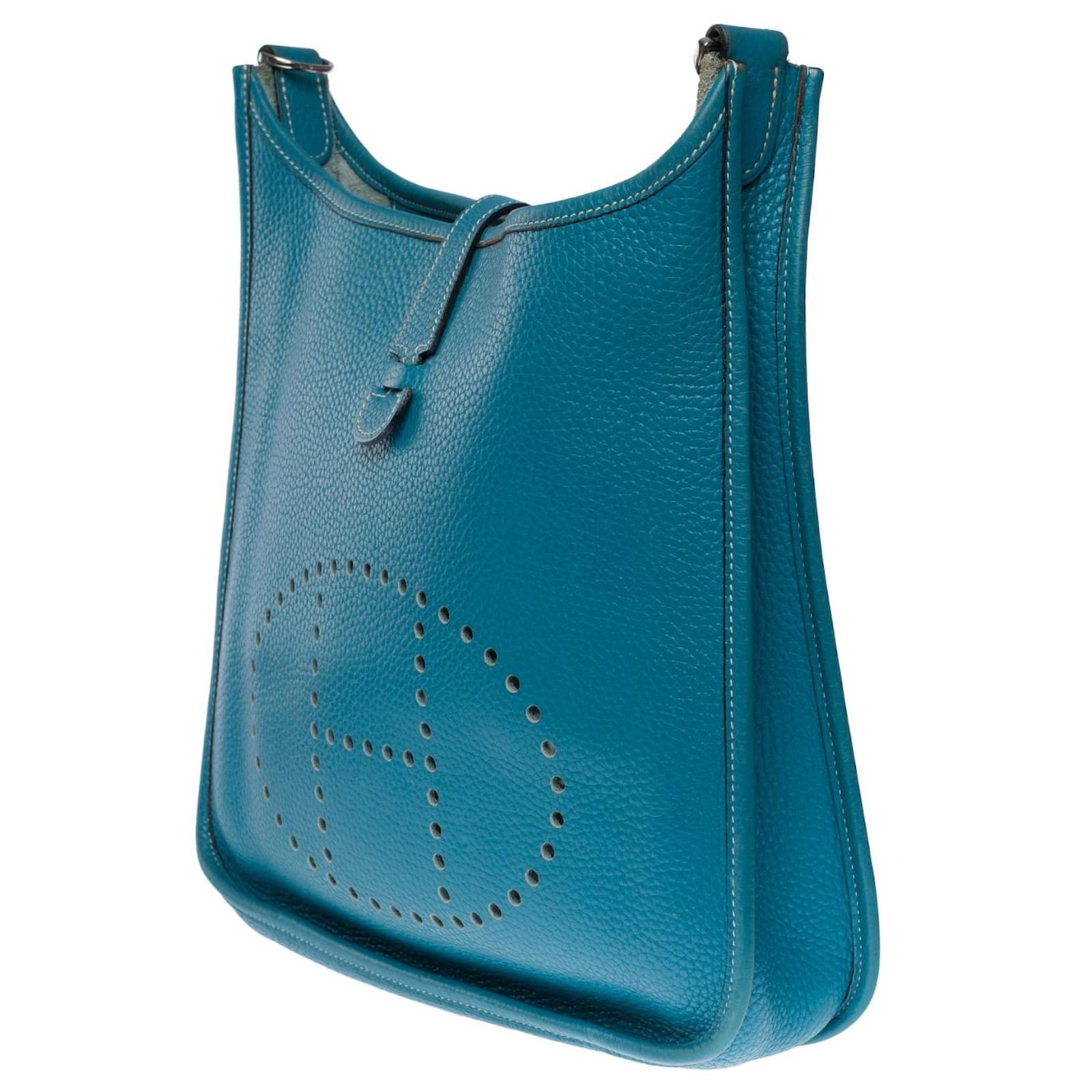 Authentic! Hermes Evelyne Blue Jean Clemence Leather PM Handbag Purse