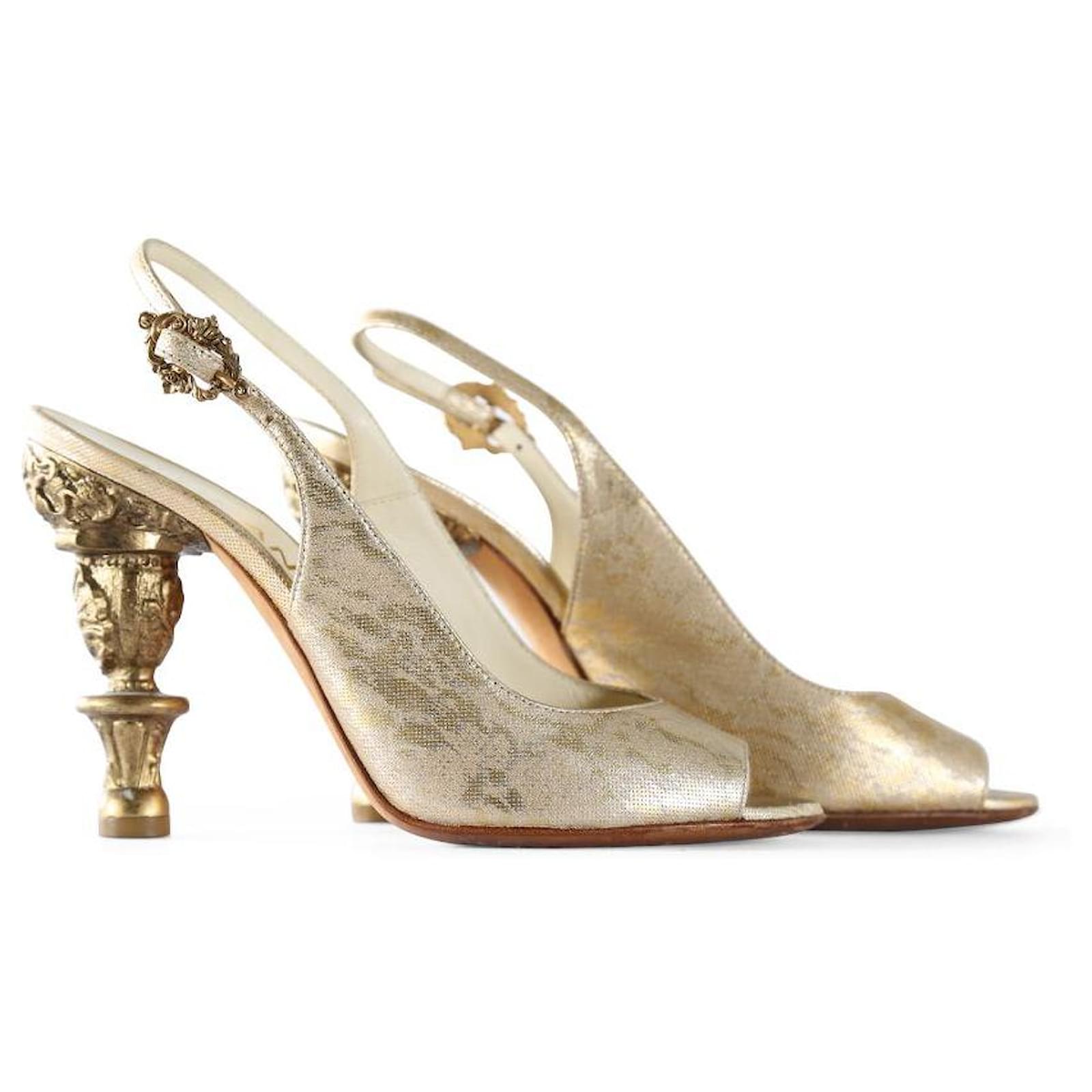 Chanel Gold Leather Open Toe Slingback Baroque Heel Sandals