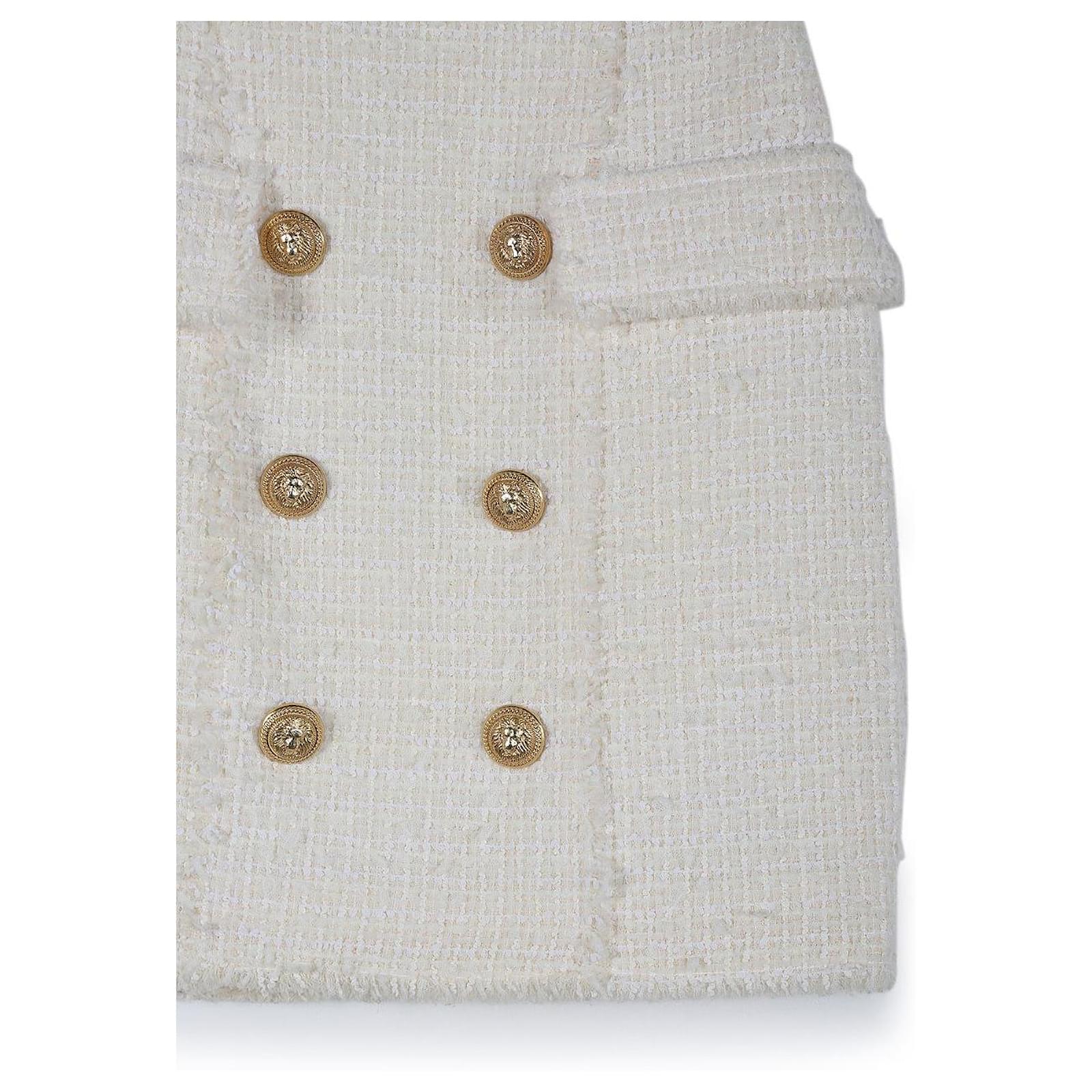 Balmain White Ivory Tweed/Polyamide Mini Skirt With Gold
