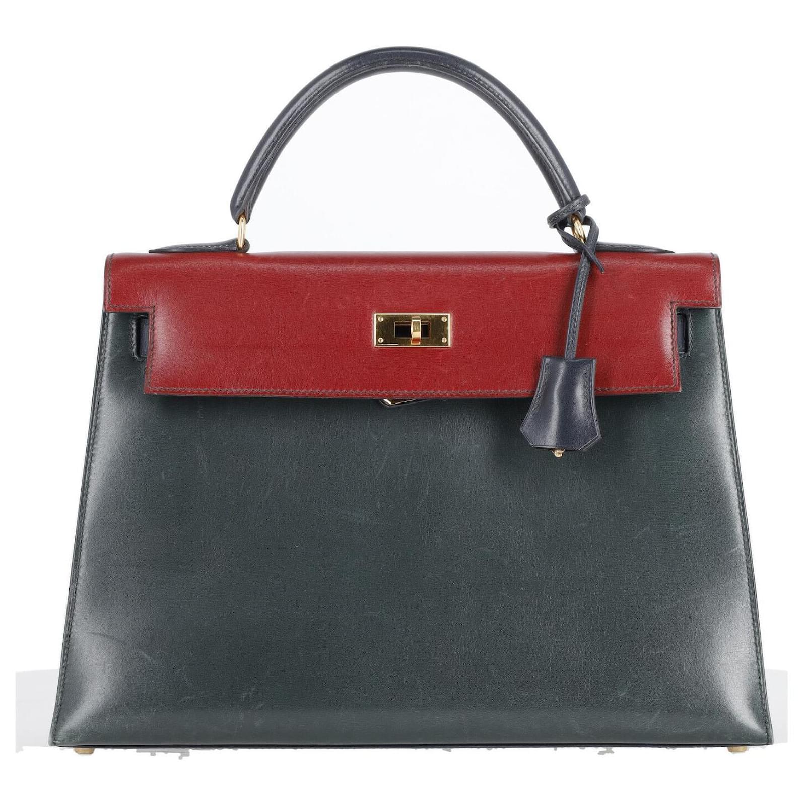 Herm?�s ??dition Limit?�e Kelly 32 Sac ?� Main Tri-Color en Cuir de Veau Box Vert Fonce Rouge H 