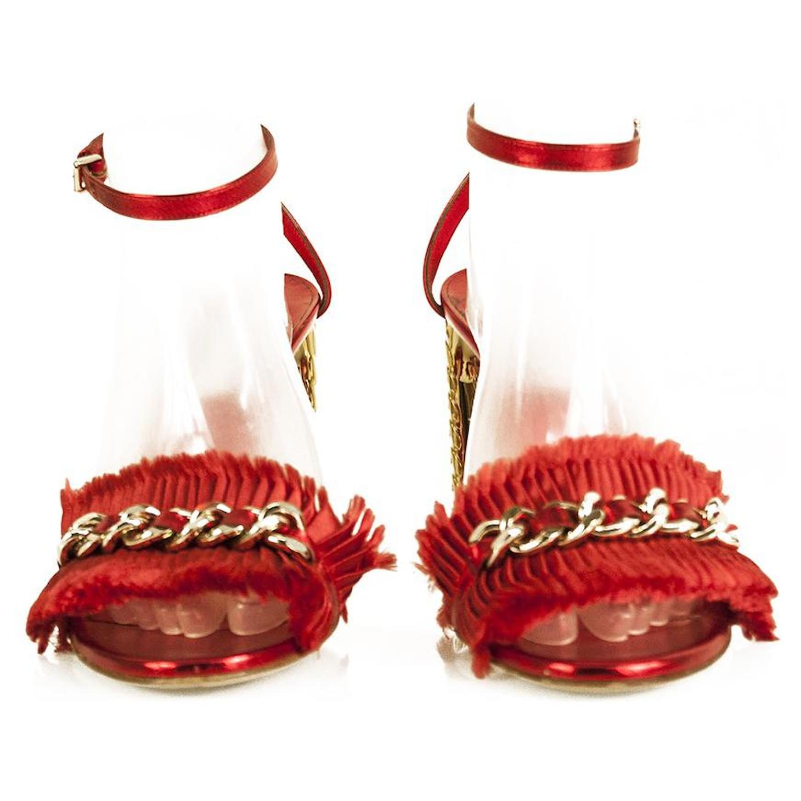 Casadei Red Satin Pleats Gold Chain High Sculpted Heel Sandals