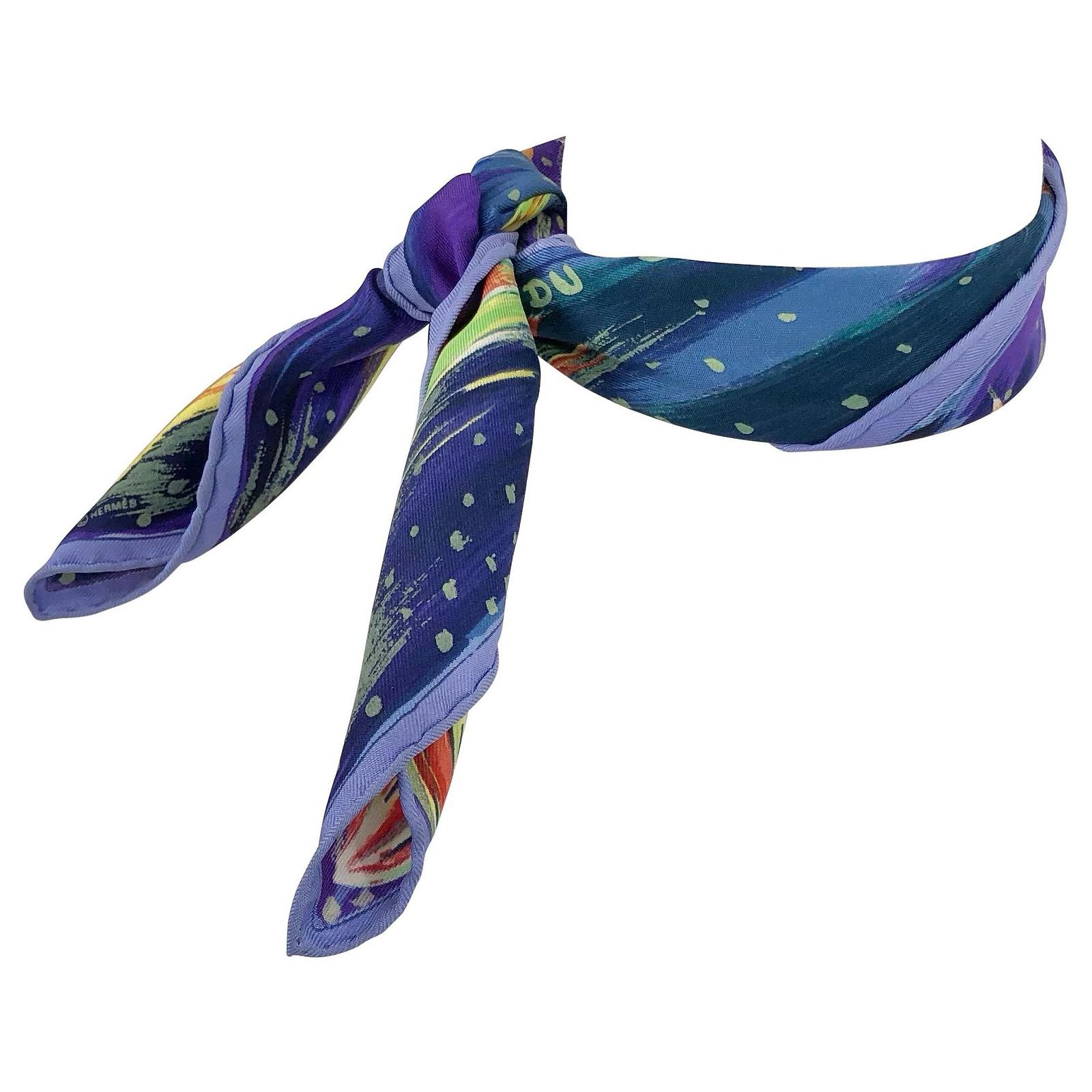 Foulard Carré En Soie Avec Motif Maisons Et Fleur De Lys - Bleu Roi, Blanc, Noir