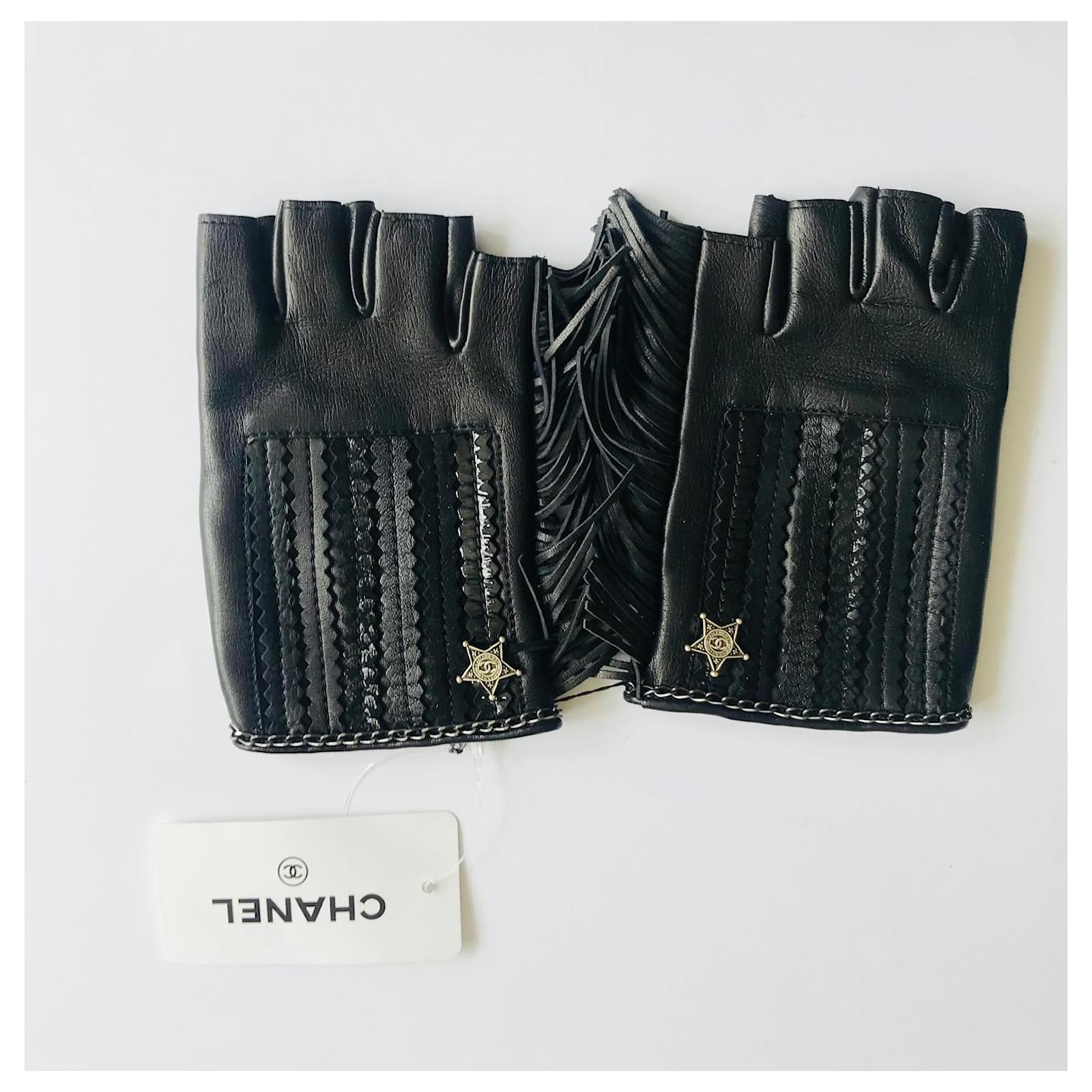 Chanel White & Black Lambskin CC Fingerless Gloves