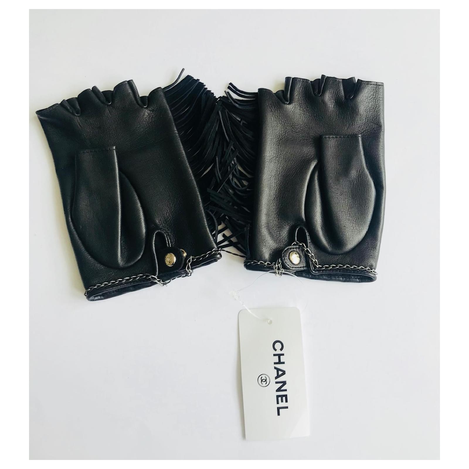 Chanel Fringe Fingerless Gloves Black Leather Metal ref